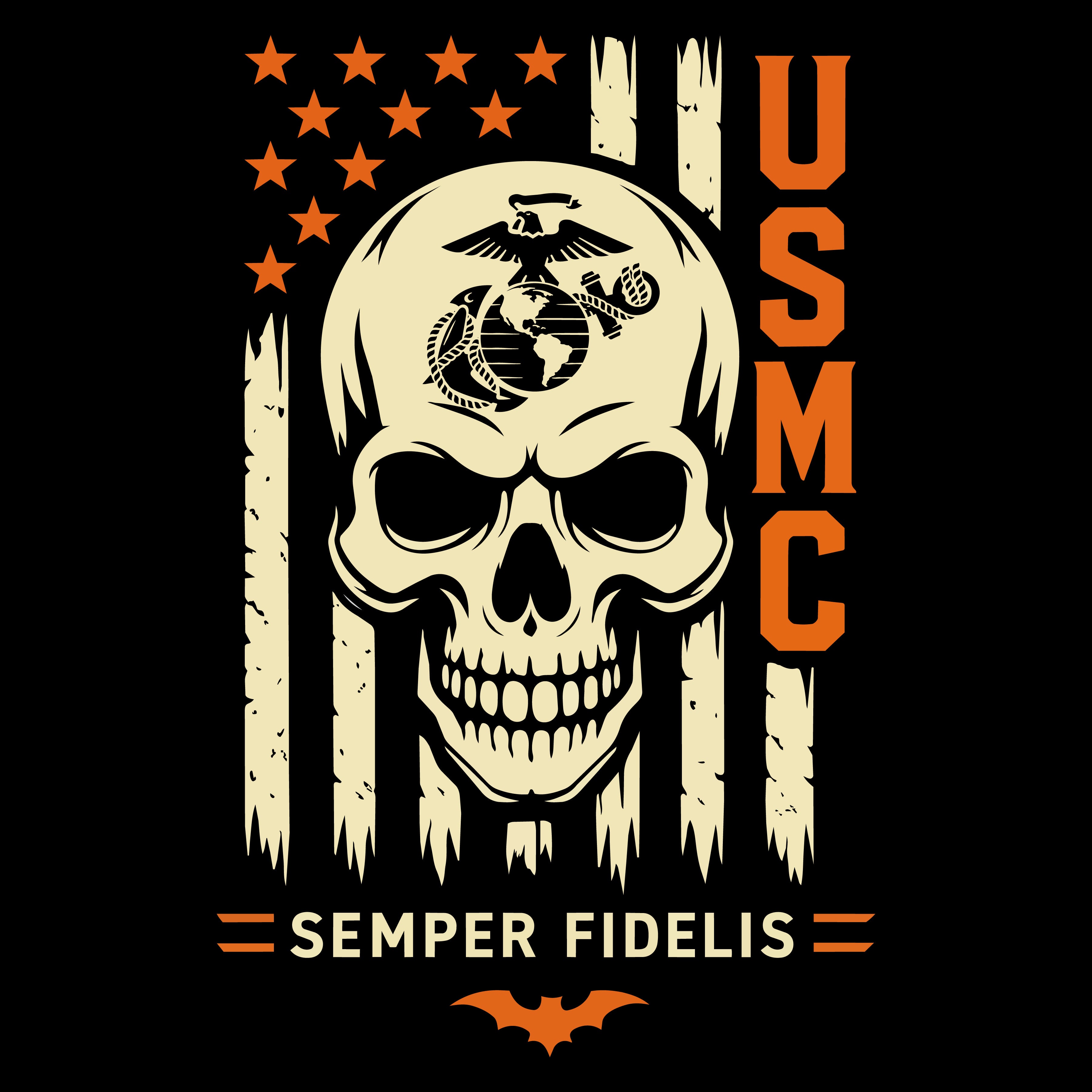 Halloween graphic design featuring a large cream skull with the Marine Corps Eagle, Globe, and Anchor emblem on its forehead, set against a distressed American flag with orange stars and vertical stripes. The text 'USMC' appears vertically in orange on the right, and 'SEMPER FIDELIS' with an orange bat logo appears below.