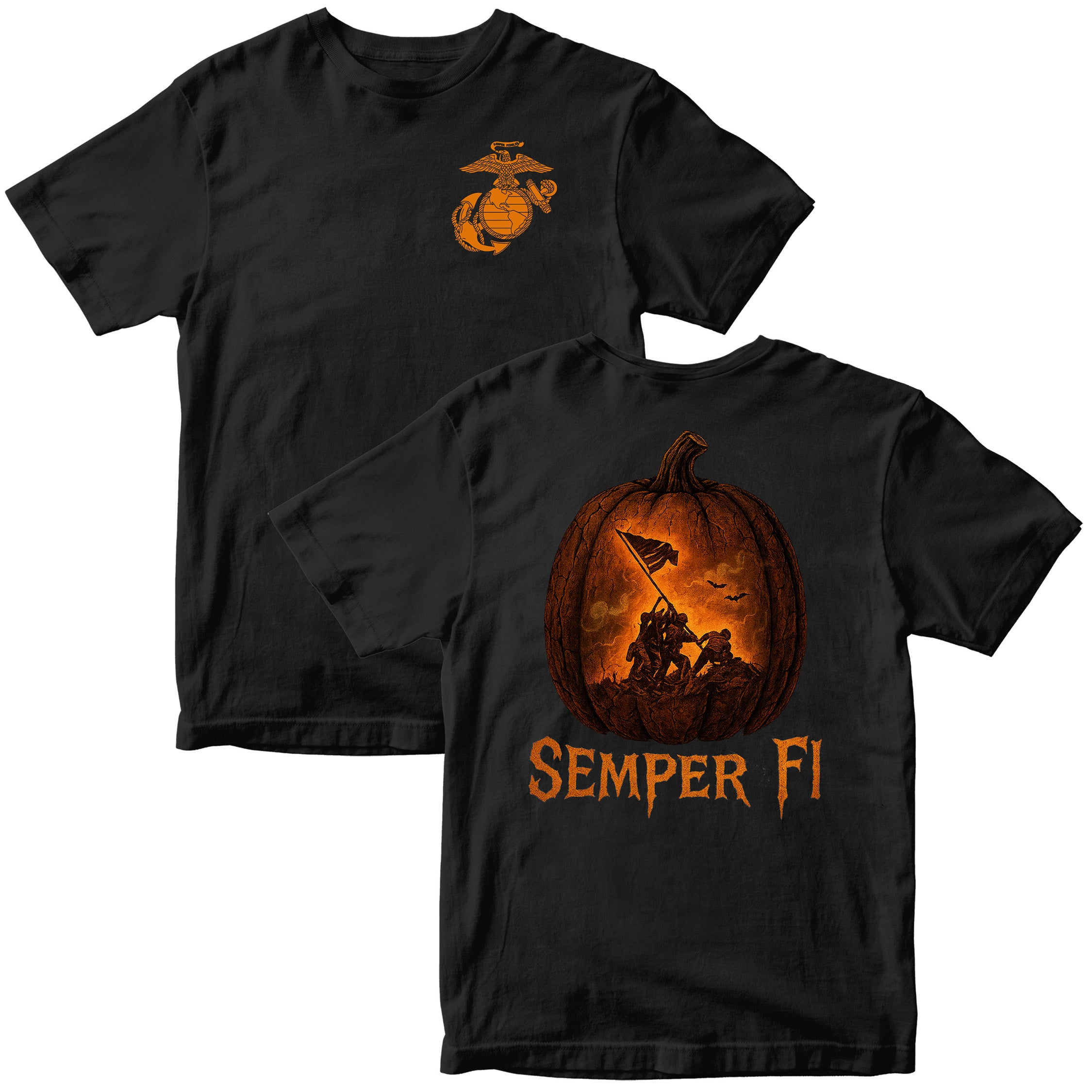 Black USMC t-shirt with orange EGA on chest and large back design of Iwo Jima flag raising inside glowing jack-o’-lantern with “Semper Fi” text below. Marines Halooween Tee. USMC Halloween T-shirt