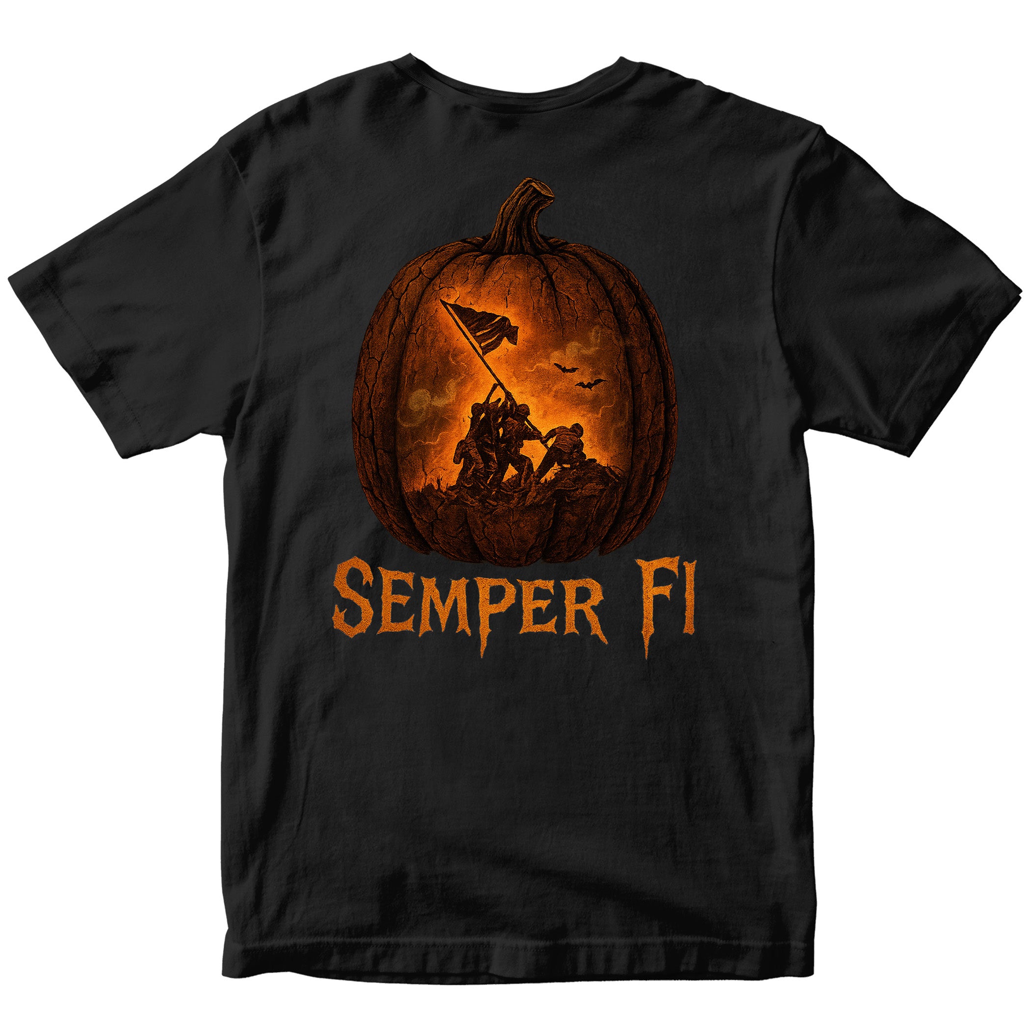 Black USMC t-shirt with back design of Iwo Jima flag raising inside glowing jack-o’-lantern with “Semper Fi” text below. Marines Halooween Tee. USMC Halloween T-shirt
