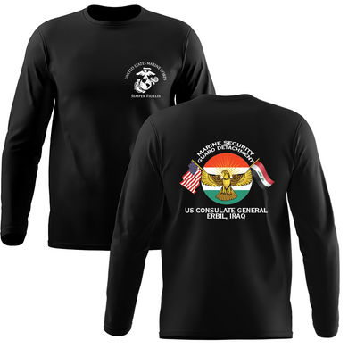 Marine Security Guard Detachment Erbil Iraq Long Sleeve T-Shirt, Marine Security Guard Detachment Erbil Iraq unit t-shirt, USMC Marine Security Guard, Marine Security Guard Erbil Iraq t-shirt, Marine Corps Embassy Security Guard Unit Long Sleeve Black T-Shirt, MSG Det Erbil Iraq