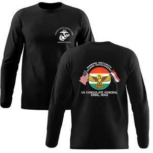 Marine Security Guard Detachment Erbil Iraq Long Sleeve T-Shirt, Marine Security Guard Detachment Erbil Iraq unit t-shirt, USMC Marine Security Guard, Marine Security Guard Erbil Iraq t-shirt, Marine Corps Embassy Security Guard Unit Long Sleeve Black T-Shirt, MSG Det Erbil Iraq