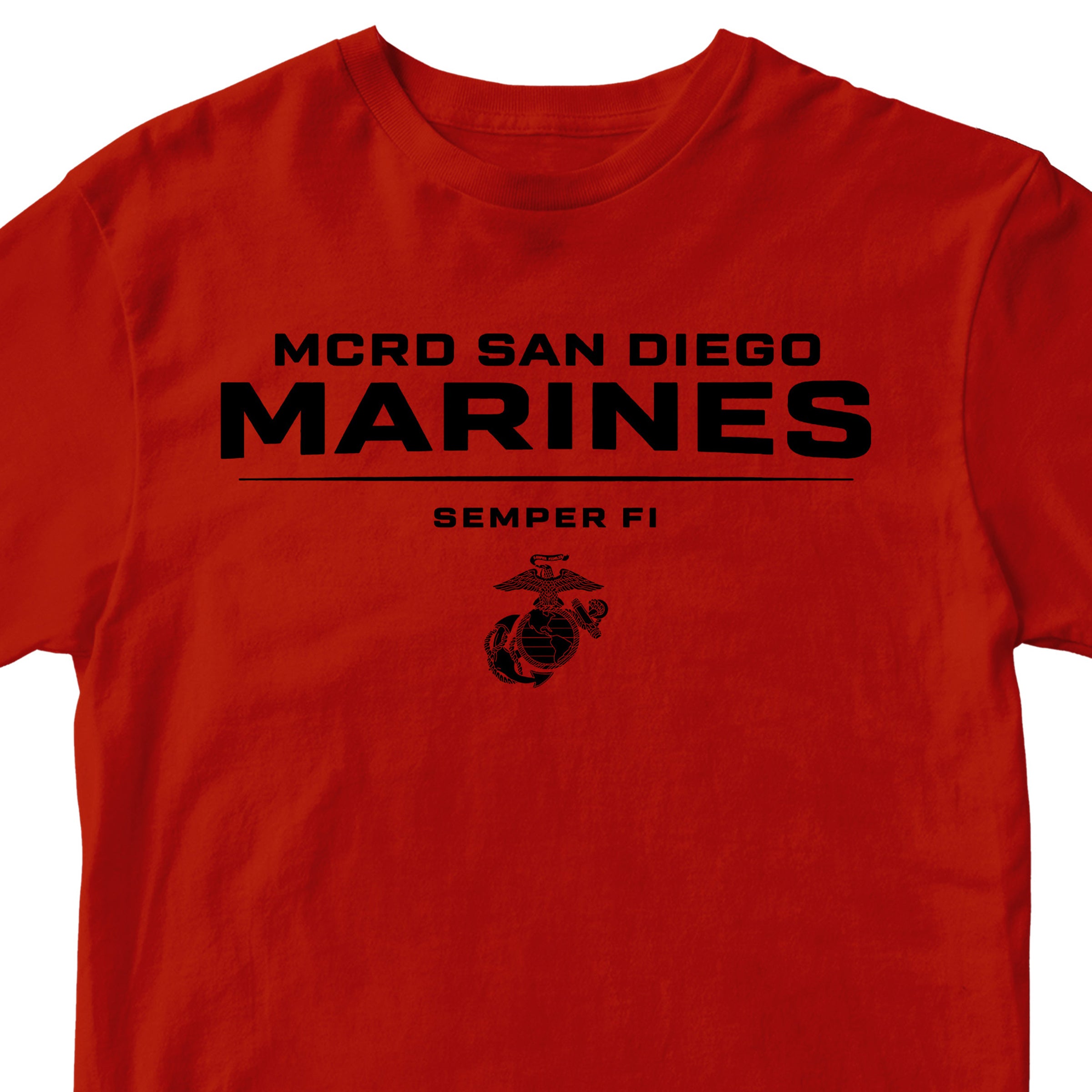 Red MCRD San Diego Marines T-shirt with EGA and Semper Fi. United States Marine Corps San Diego Tee
