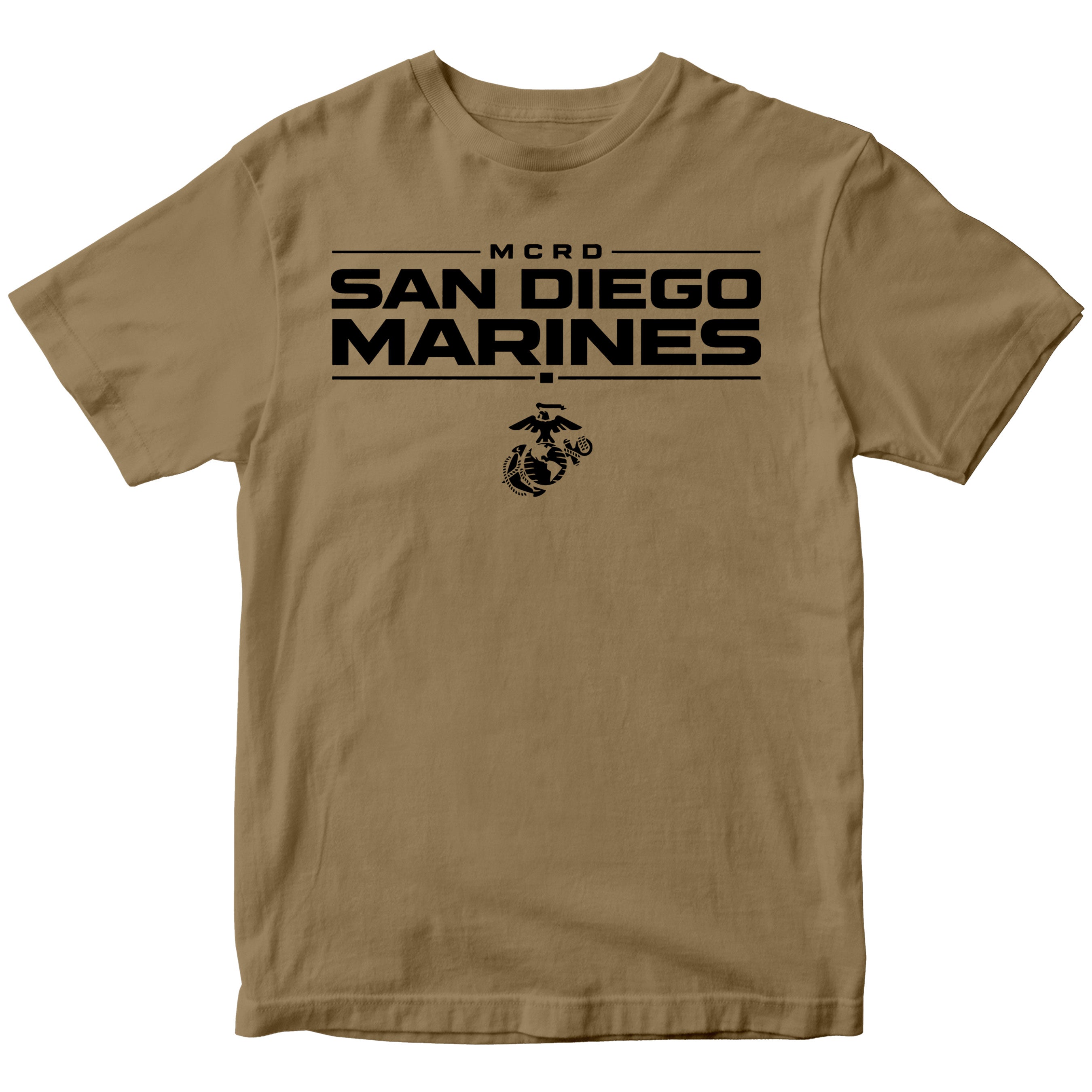 Brown MCRD San Diego Marines T-shirt with Eagle Globe and Anchor Marine Corps design. Marine Corps MCRD San Diego Tee