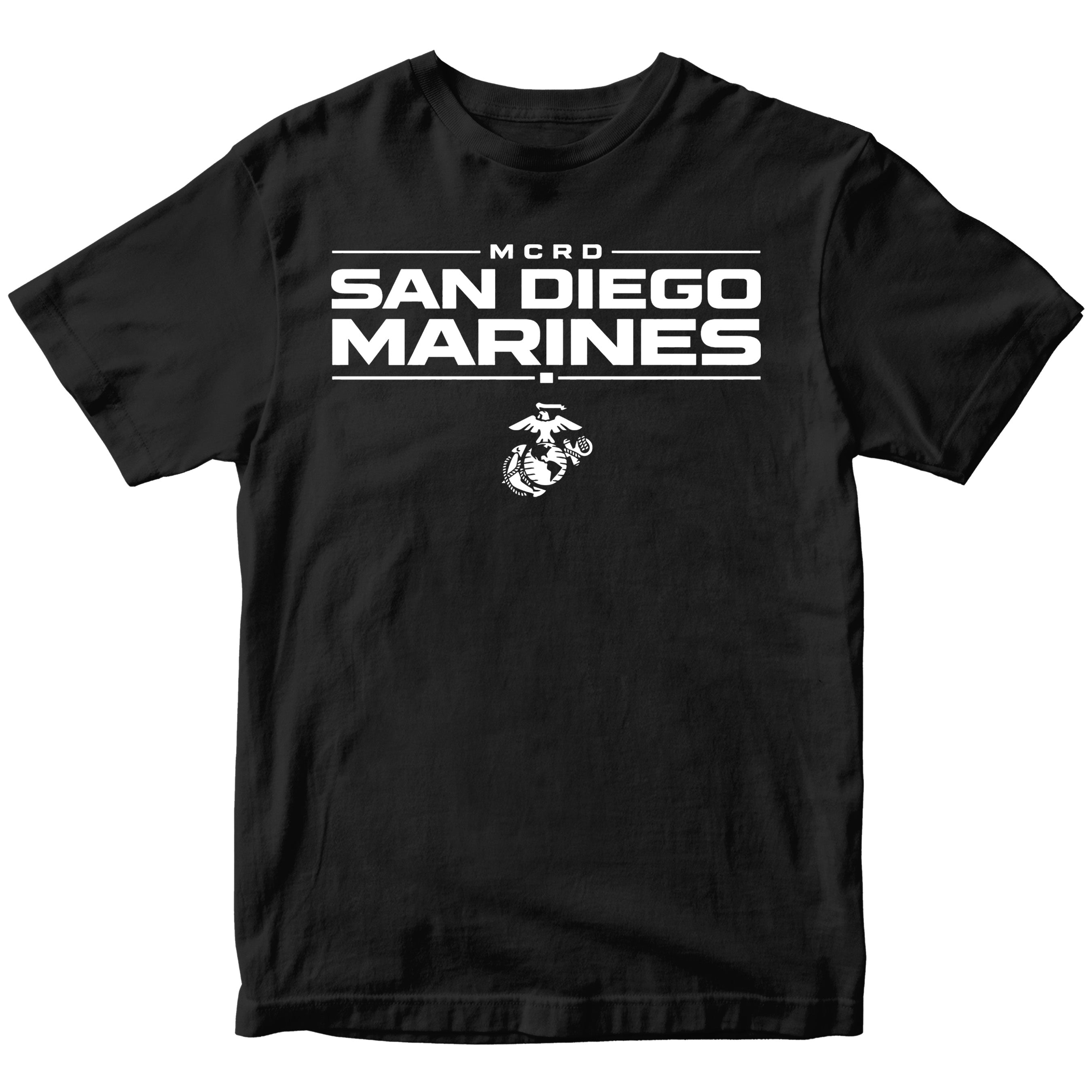 Black MCRD San Diego Marines T-shirt with Eagle Globe and Anchor Marine Corps design. Marine Corps MCRD San Diego Tee