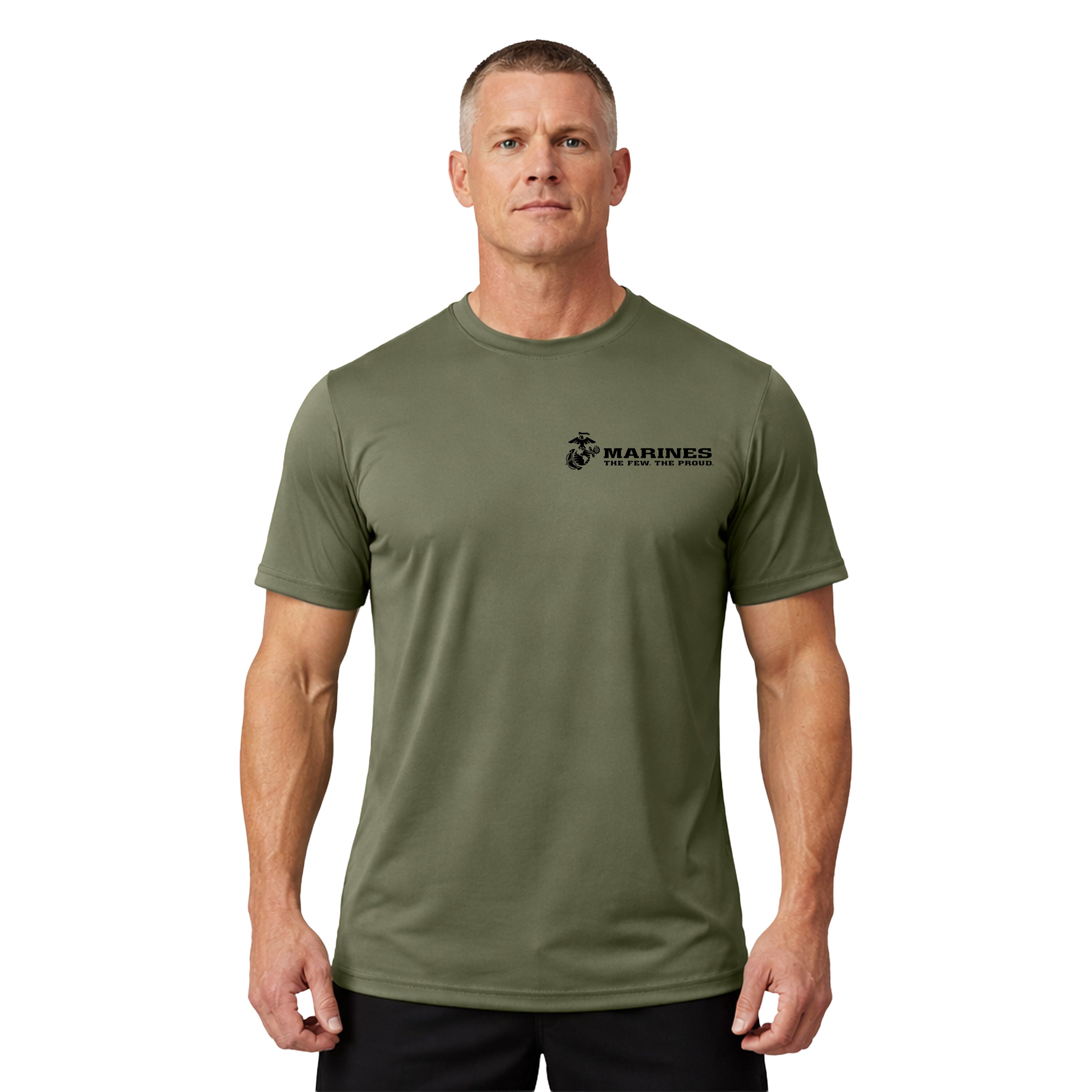 USMC The Few The Proud performance T-shirt with Eagle Globe and Anchor chest. Marines green Performance Tee. USMC Activewear