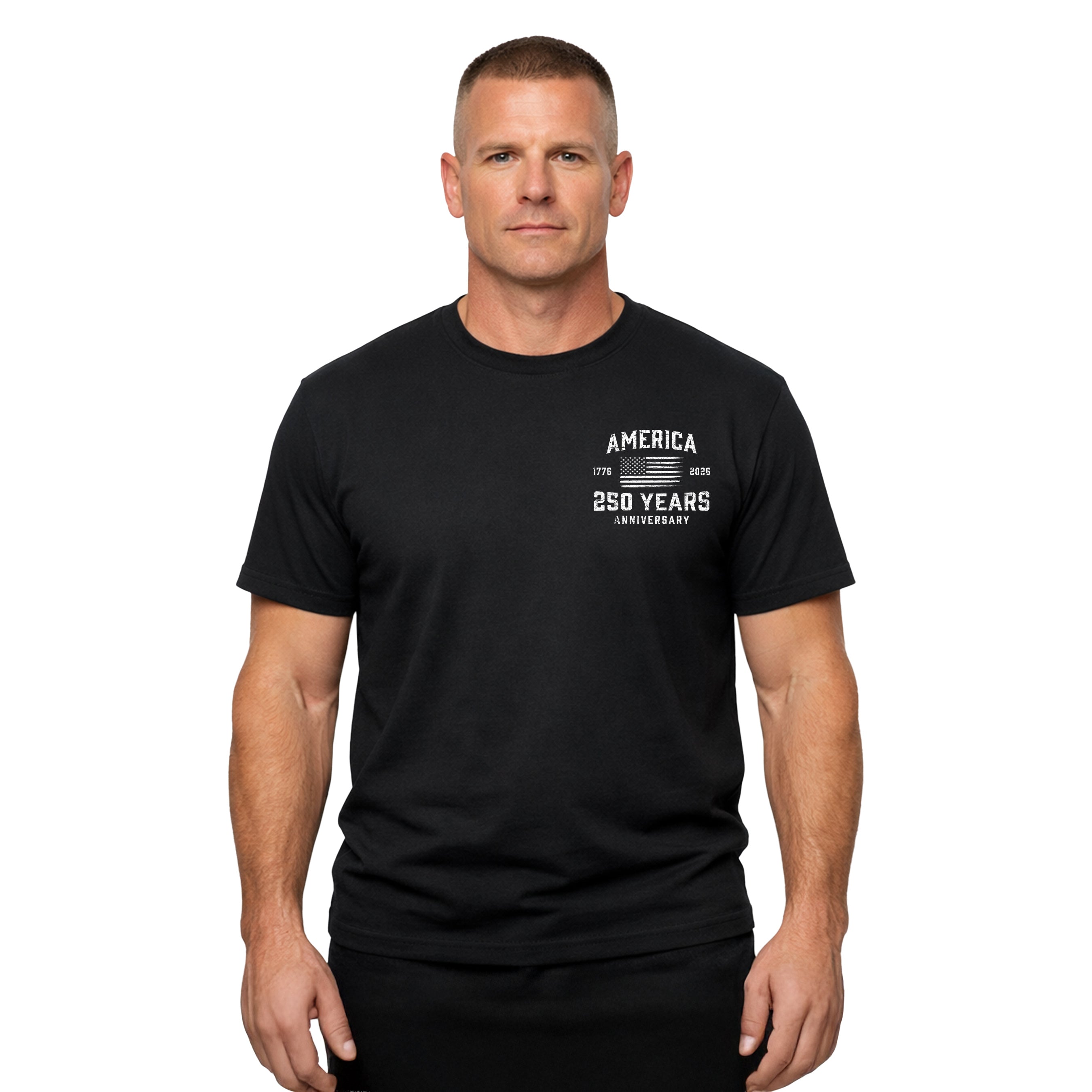 America 250 Years 1776 2026 T-shirt with American flag chest seal design. Patriotic black T-shirt celebrating 250 years of American independence