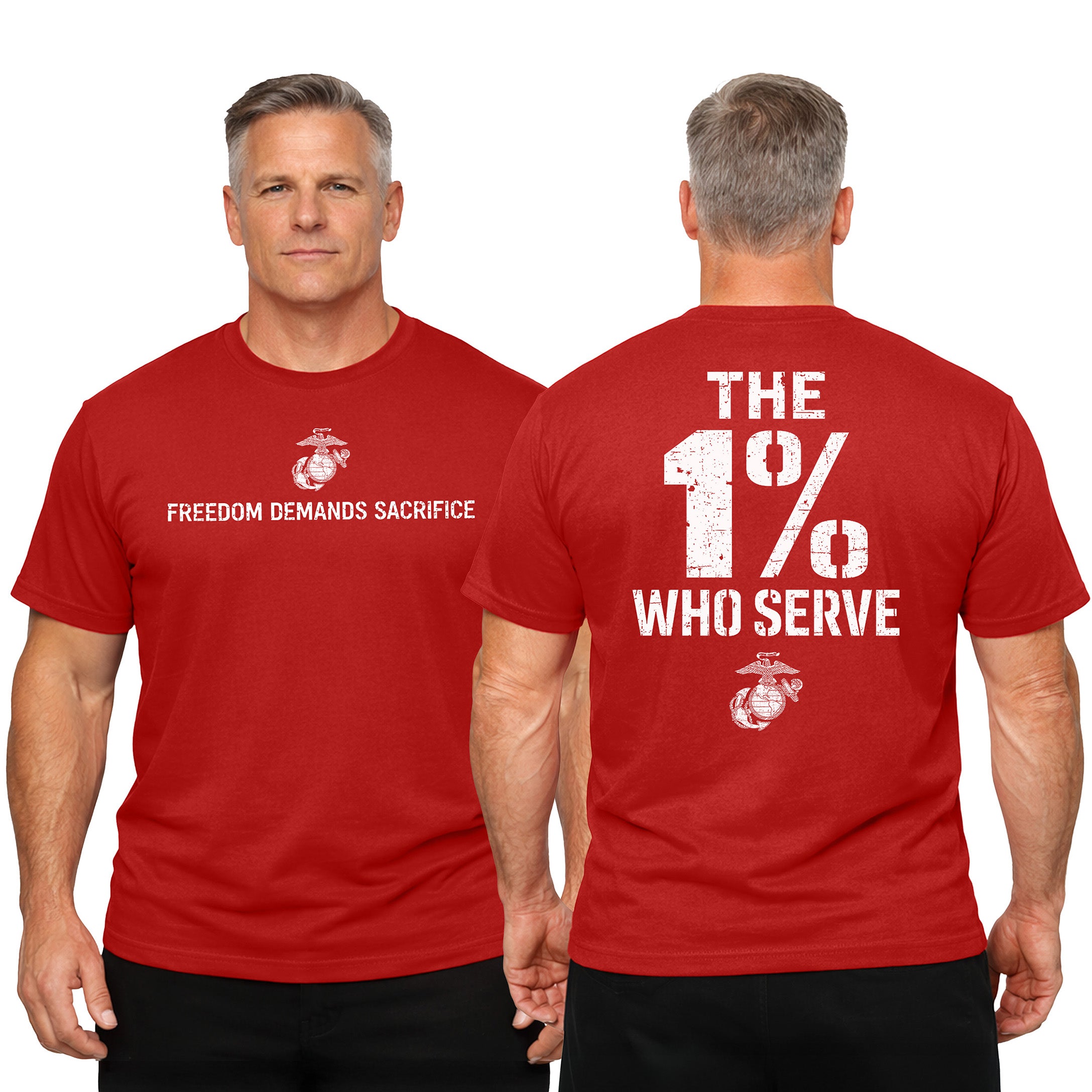 The 1% Who Serve USMC T-shirt with Freedom Demands Sacrifice graphic. USMC patriotic T-shirt for Memorial Day and 4th of July with 1% who serve design.