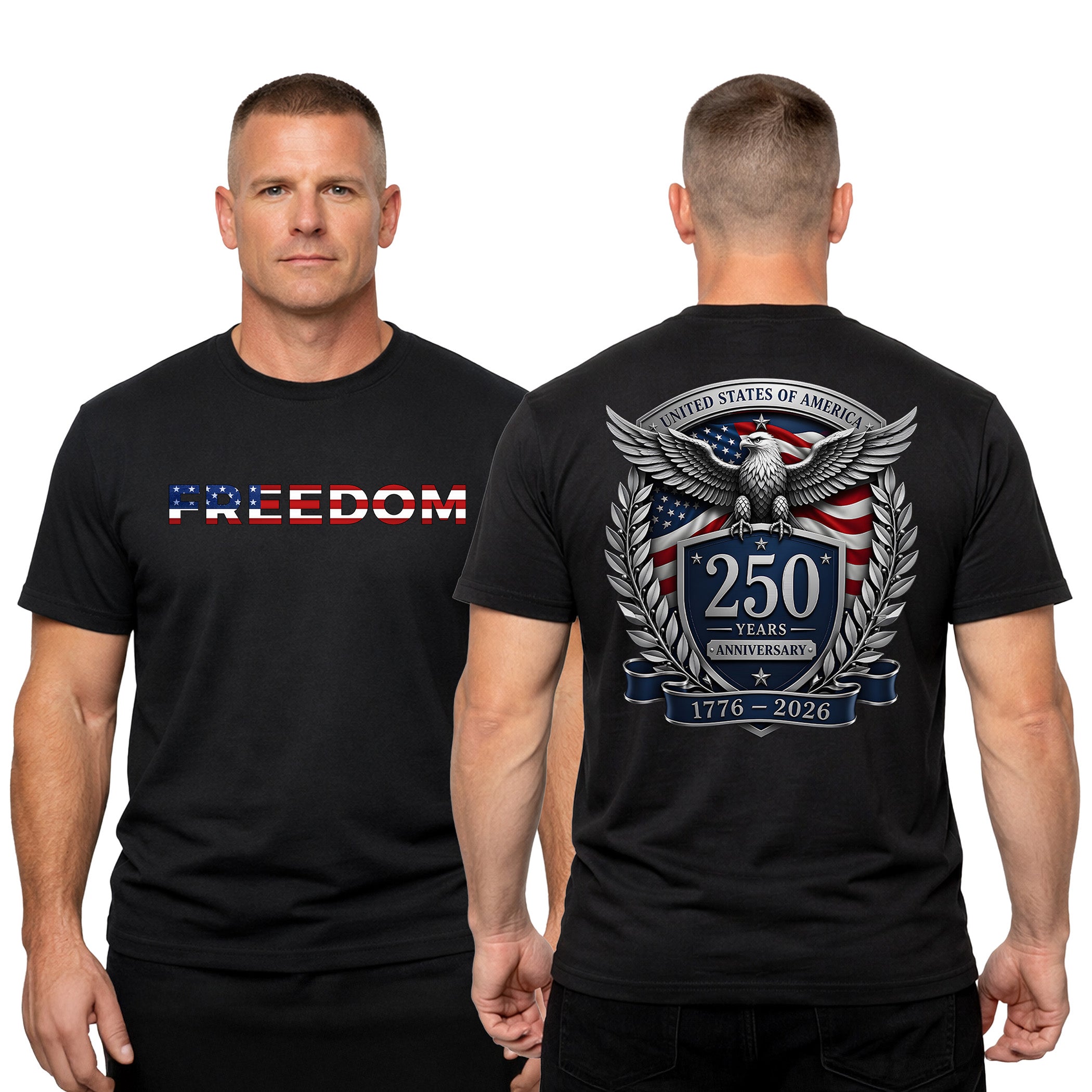 USA 250 years anniversary T-shirt with freedom eagle design and American flag back print. America's 250th birthday tee. USA 250 Years patriotic Black T-shirt.