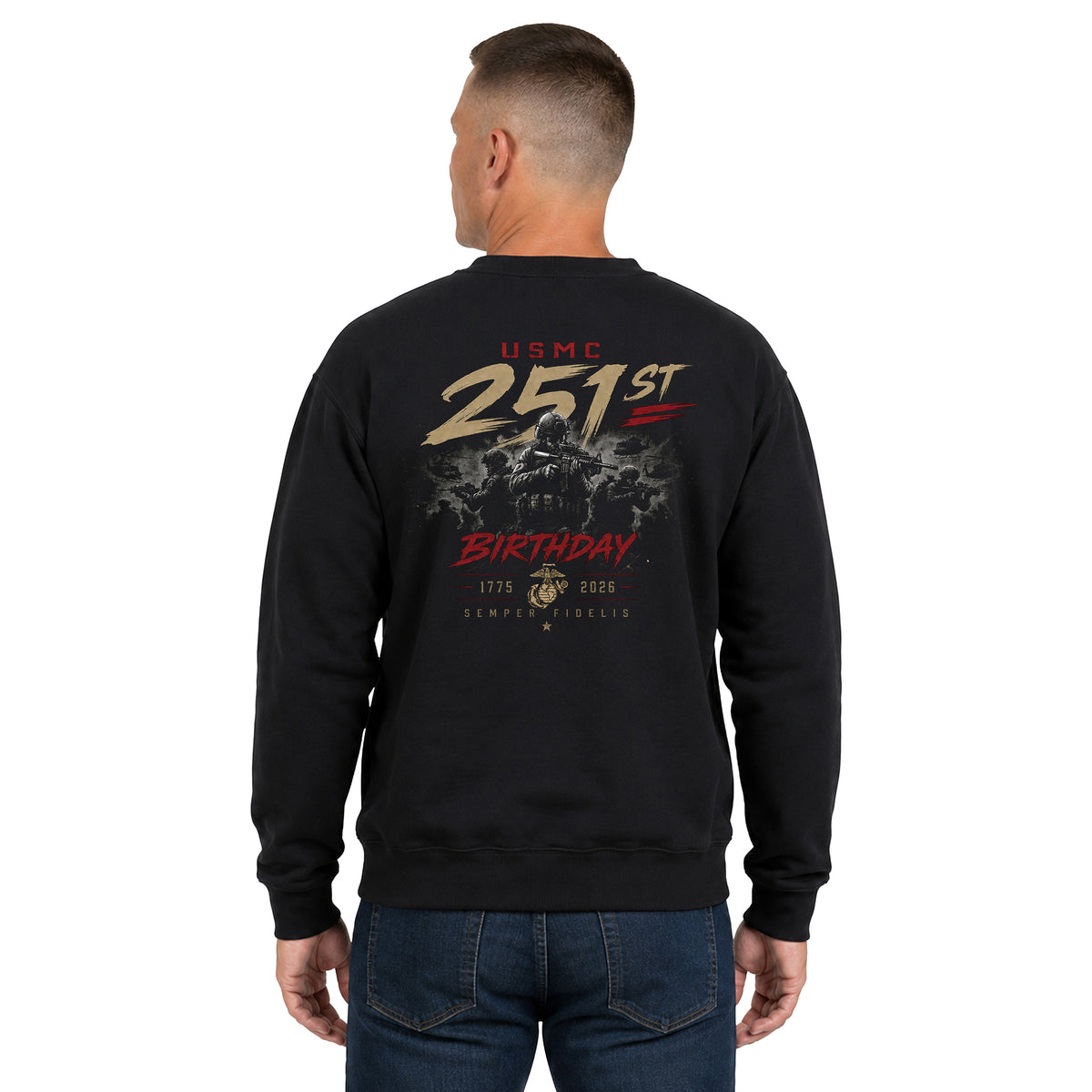 Black USMC 251st Birthday Battle Ready sweatshirt with Marines combat graphic and Semper Fidelis design
