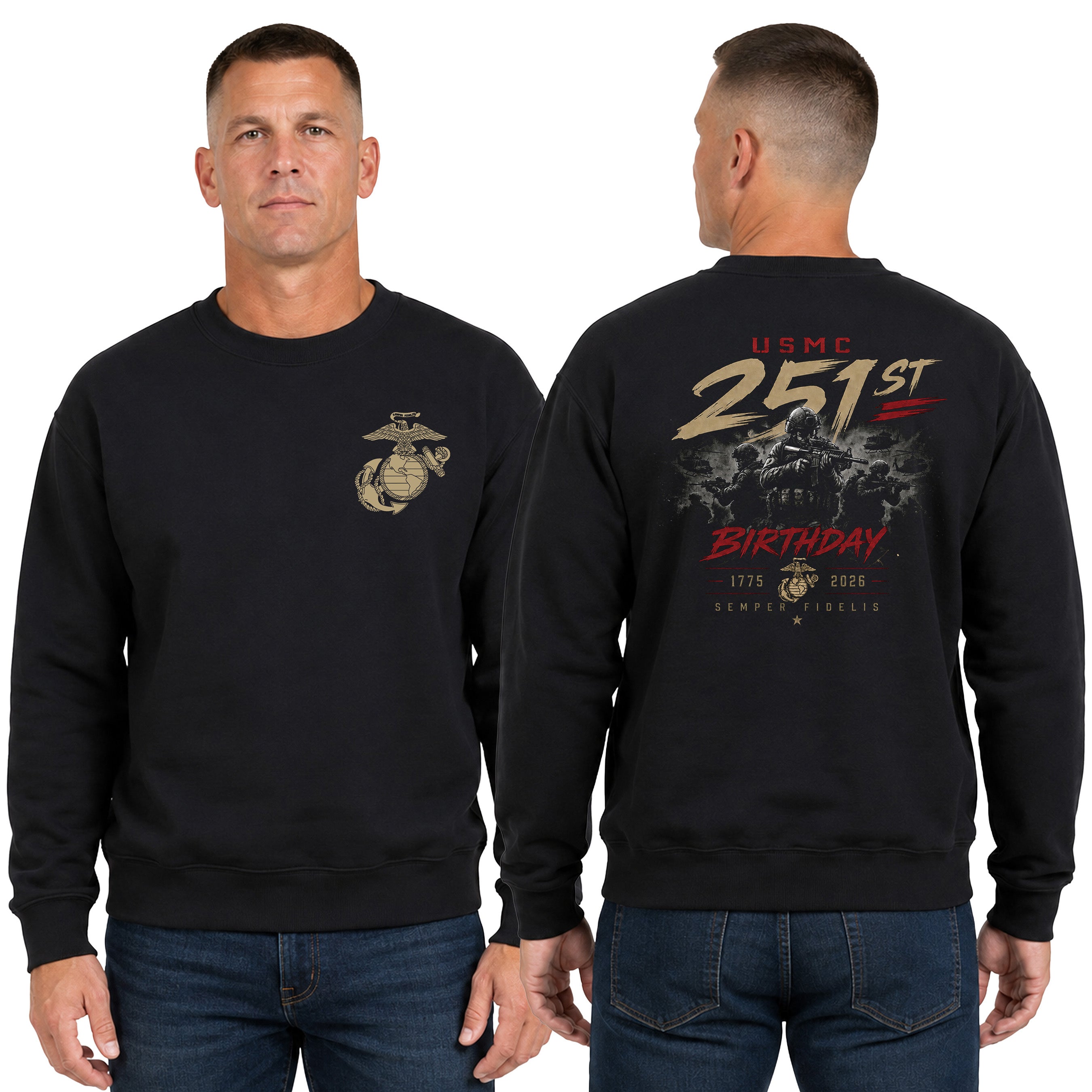 Black USMC 251st Birthday Battle Ready sweatshirt with Marines combat graphic, Vintage Eagle Globe and Anchor chest seal, and Semper Fidelis design