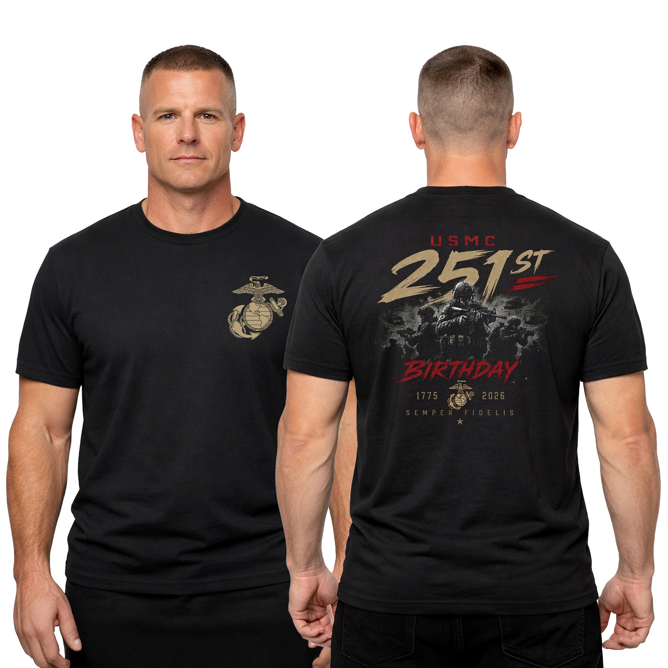 Black USMC 251st Birthday Battle Ready T-shirt with Marines combat graphic, Vintage Eagle Globe and Anchor chest seal, and Semper Fidelis design