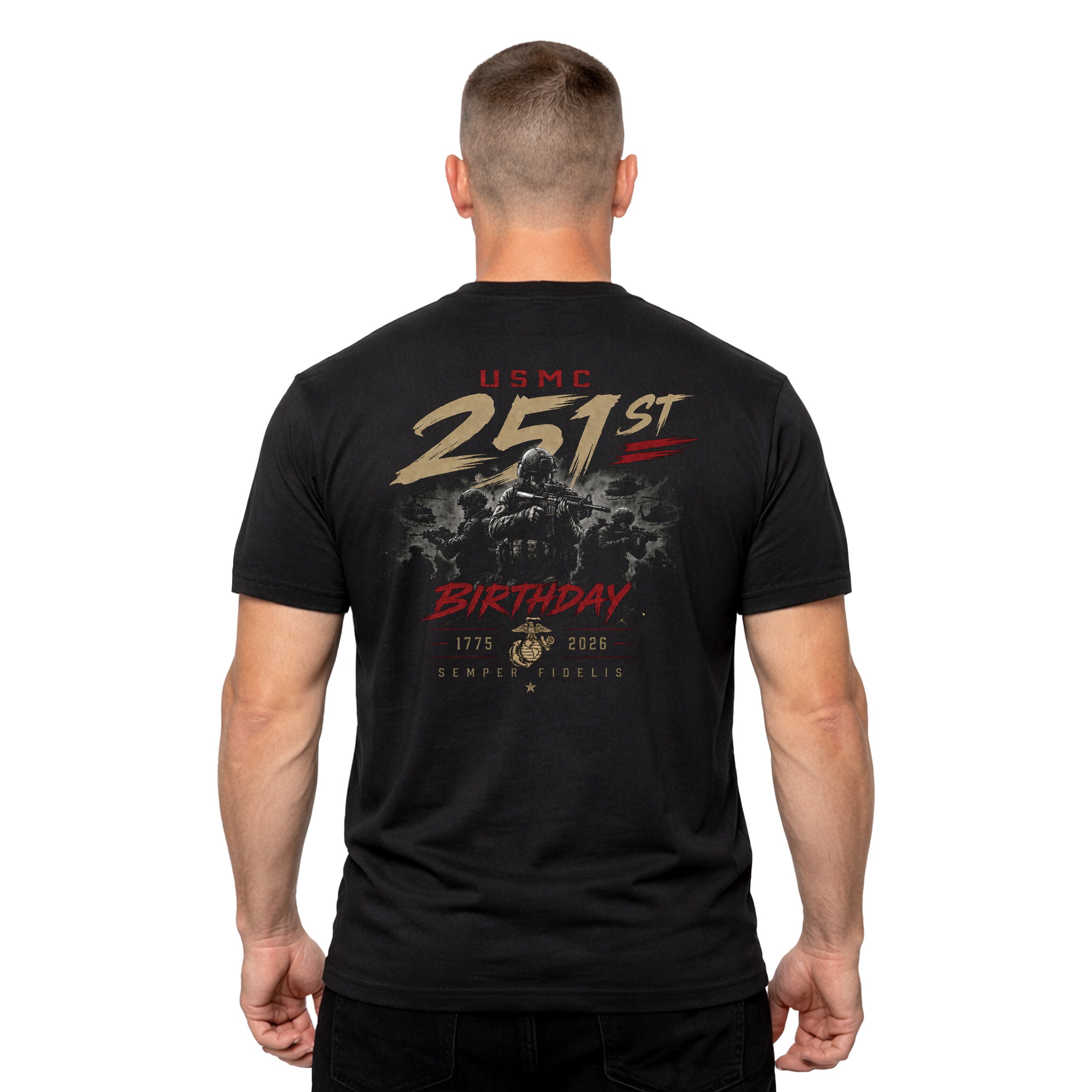 Black USMC 251st Birthday Battle Ready T-shirt with Marines combat graphic and Semper Fidelis design