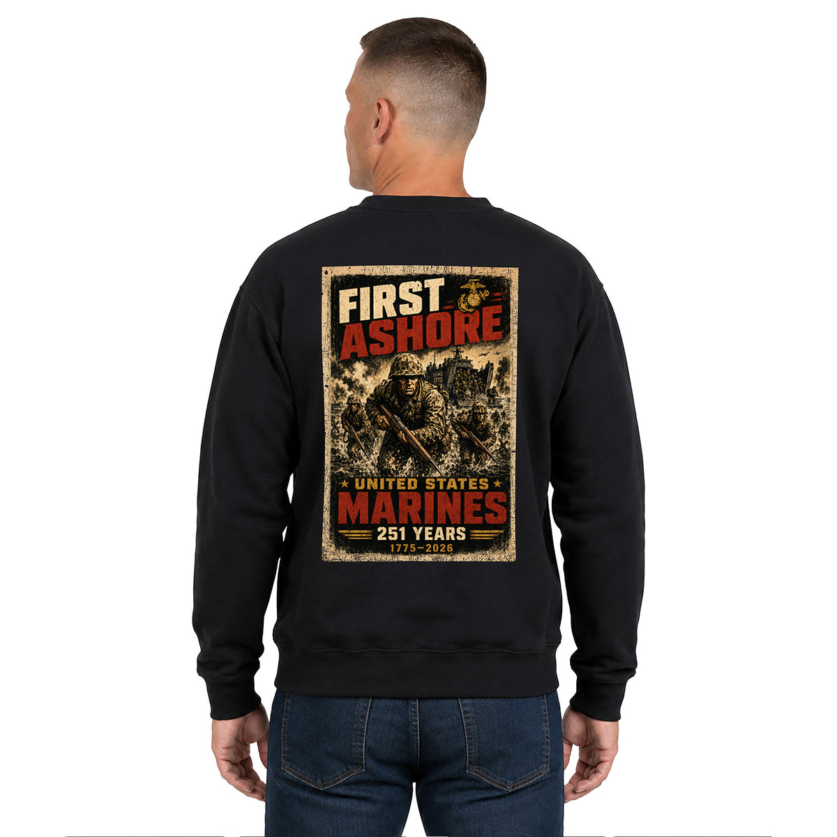 Black USMC 251st Birthday First Ashore sweatshirt with Marines landing graphic, 1775–2026 design