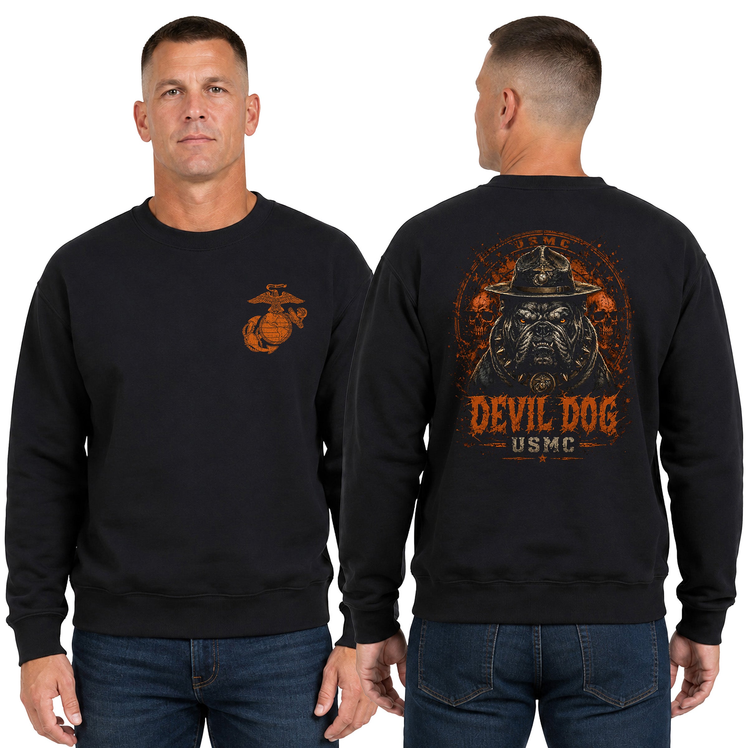 Black USMC Devil Dog Halloween sweatshirt with campaign-cover bulldog, skull background, orange lettering, and Eagle Globe and Anchor chest graphic