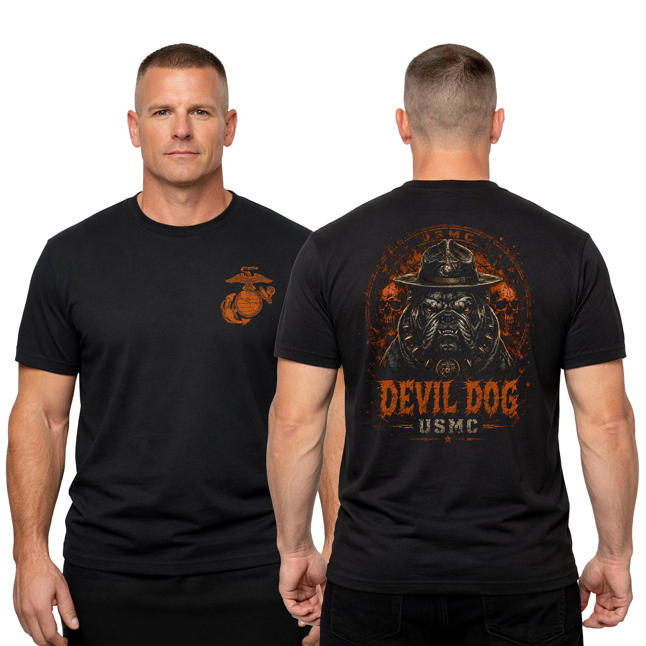 Black USMC Devil Dog Halloween T-shirt with campaign-cover bulldog, skull background, orange lettering, and Eagle Globe and Anchor chest graphic