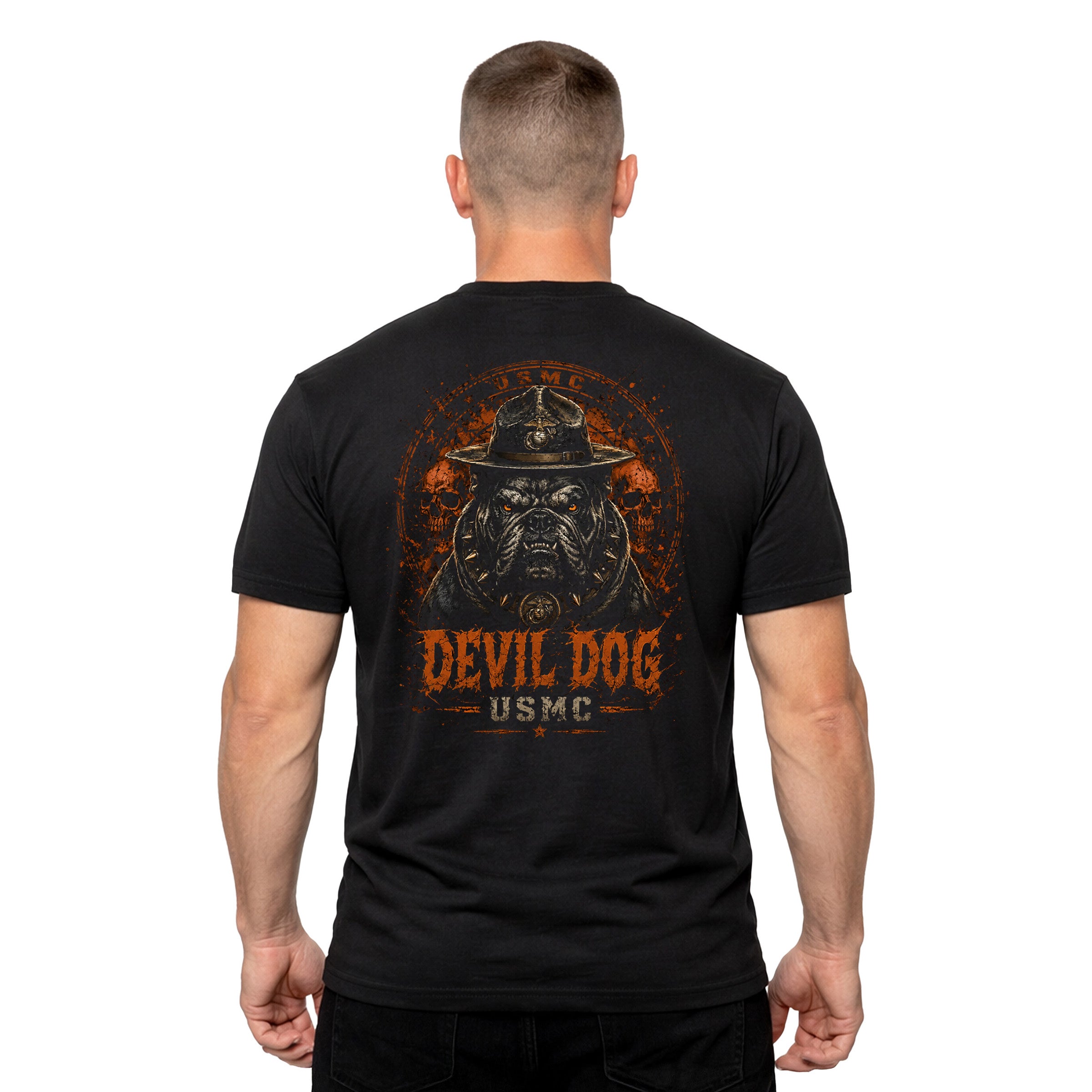 Black USMC Devil Dog Halloween T-shirt with campaign-cover bulldog, skull background, orange lettering, and Eagle Globe and Anchor chest graphic