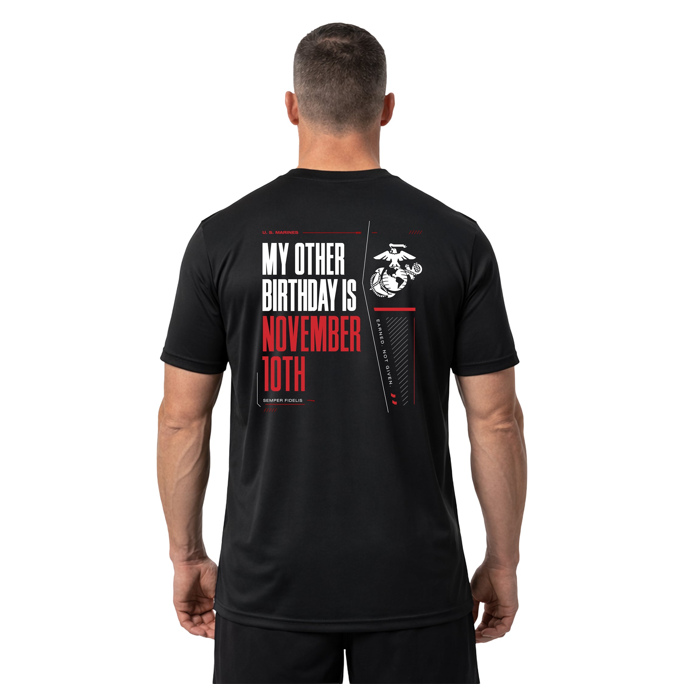 Black USMC My Other Birthday Is November 10th performance T-shirt with Marine Corps Birthday back graphic