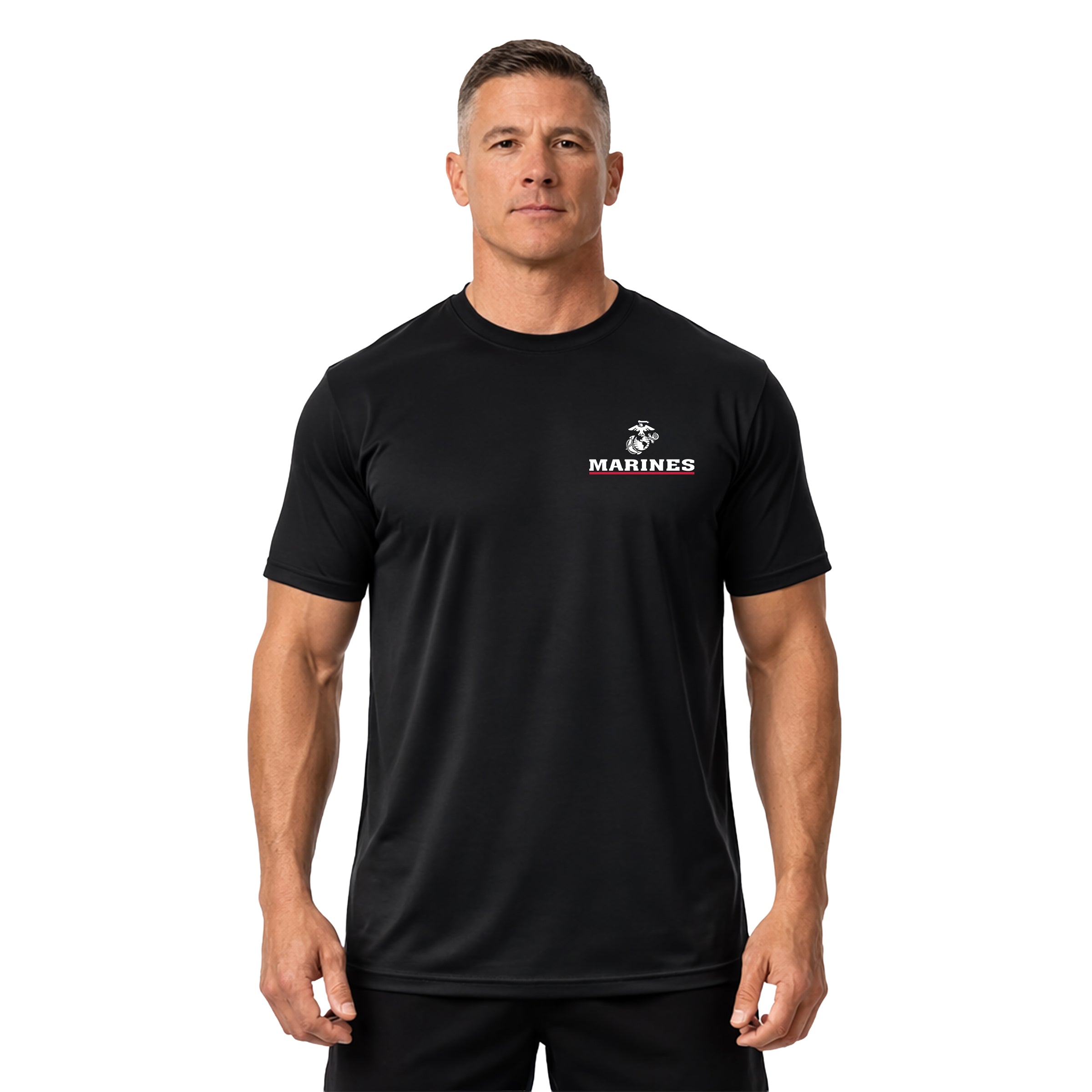 Black USMC performance T-shirt with Marines Red Line EGA chest seal 