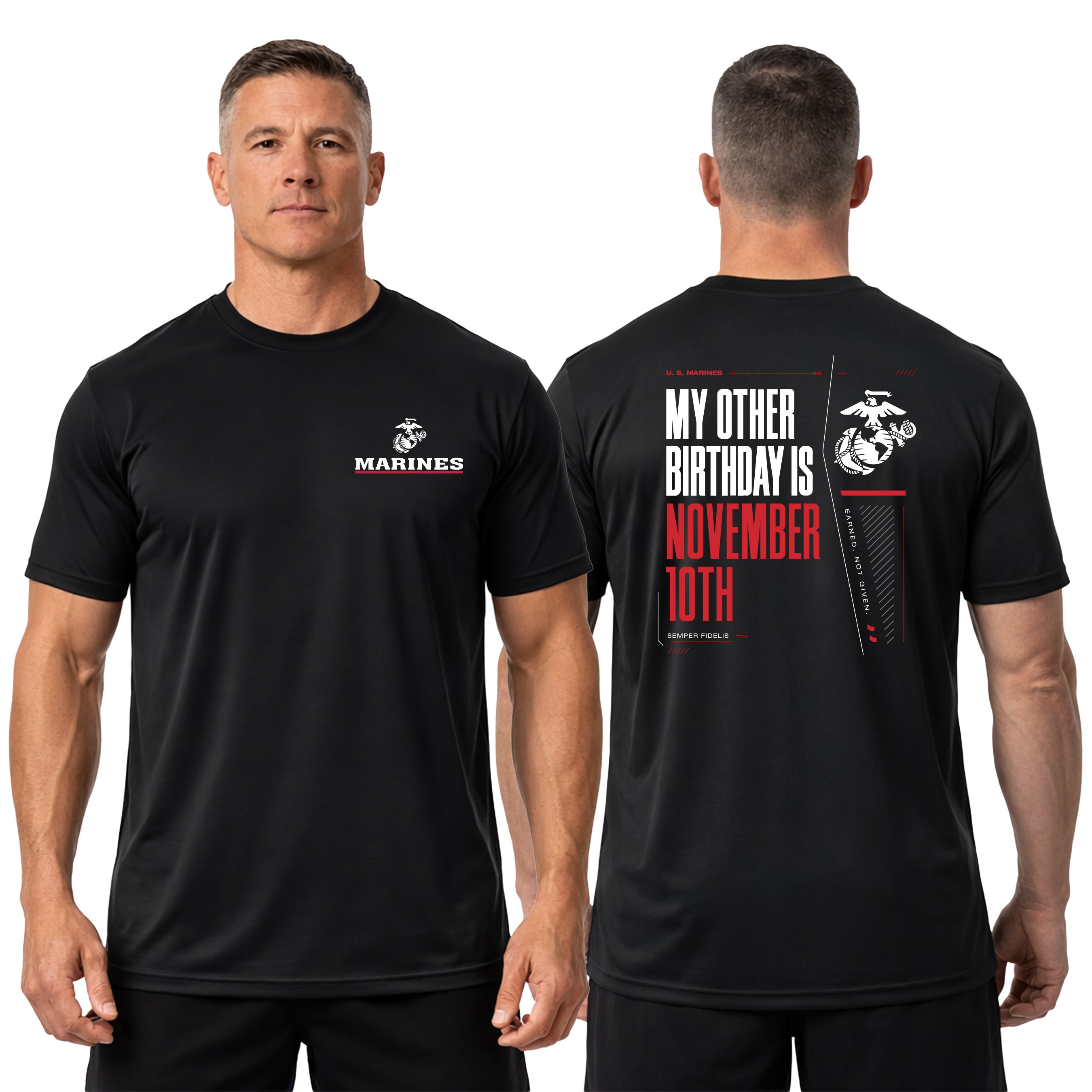model wearing Black USMC My Other Birthday Is November 10th performance T-shirt with Marines Red Line EGA chest seal and Marine Corps Birthday back graphic