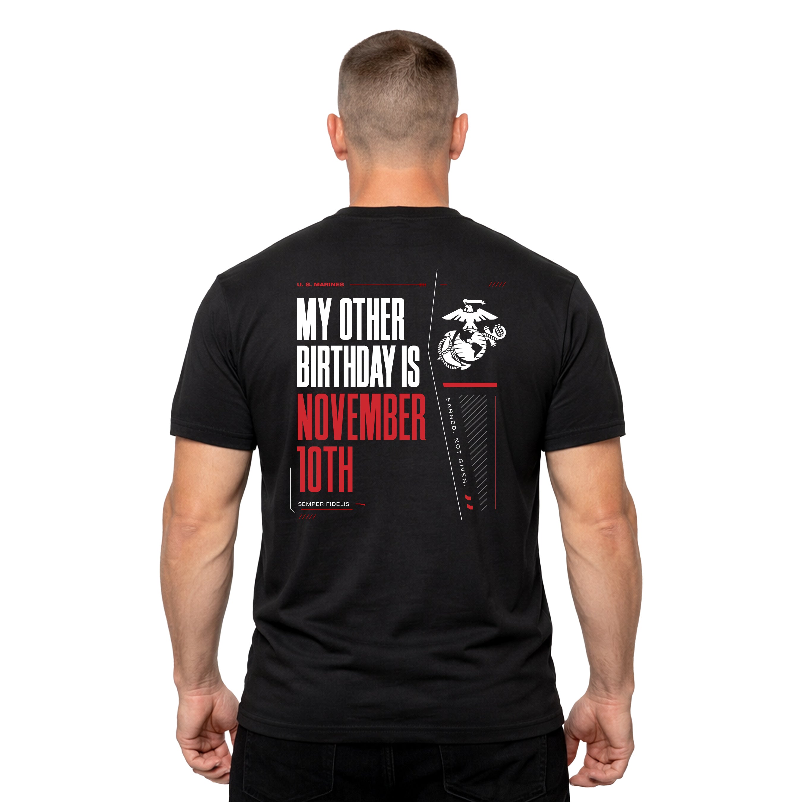 Black USMC My Other Birthday Is November 10th T-shirt with Marine Corps Birthday back graphic