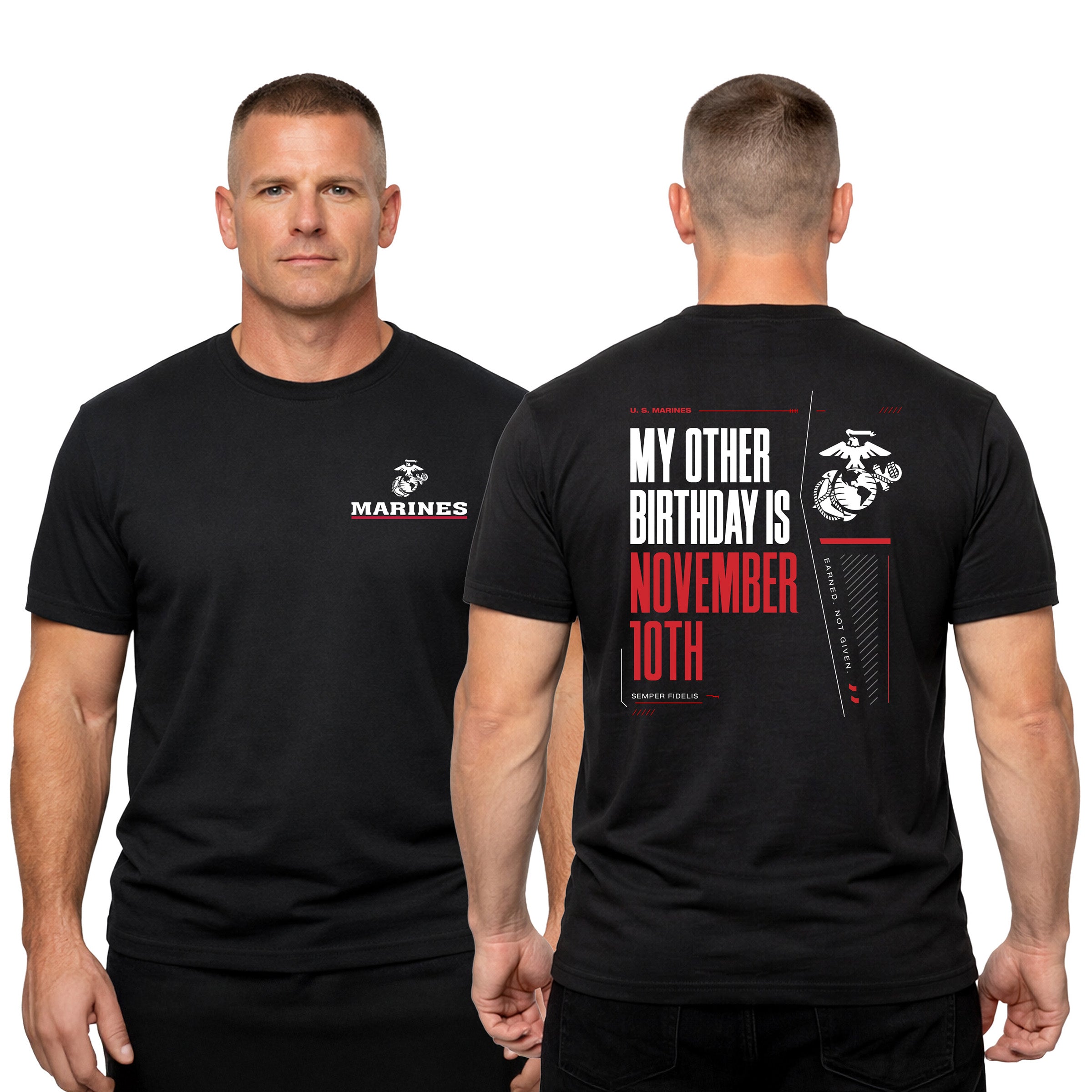 Black USMC My Other Birthday Is November 10th T-shirt with Marines Red Line EGA chest seal and Marine Corps Birthday back graphic