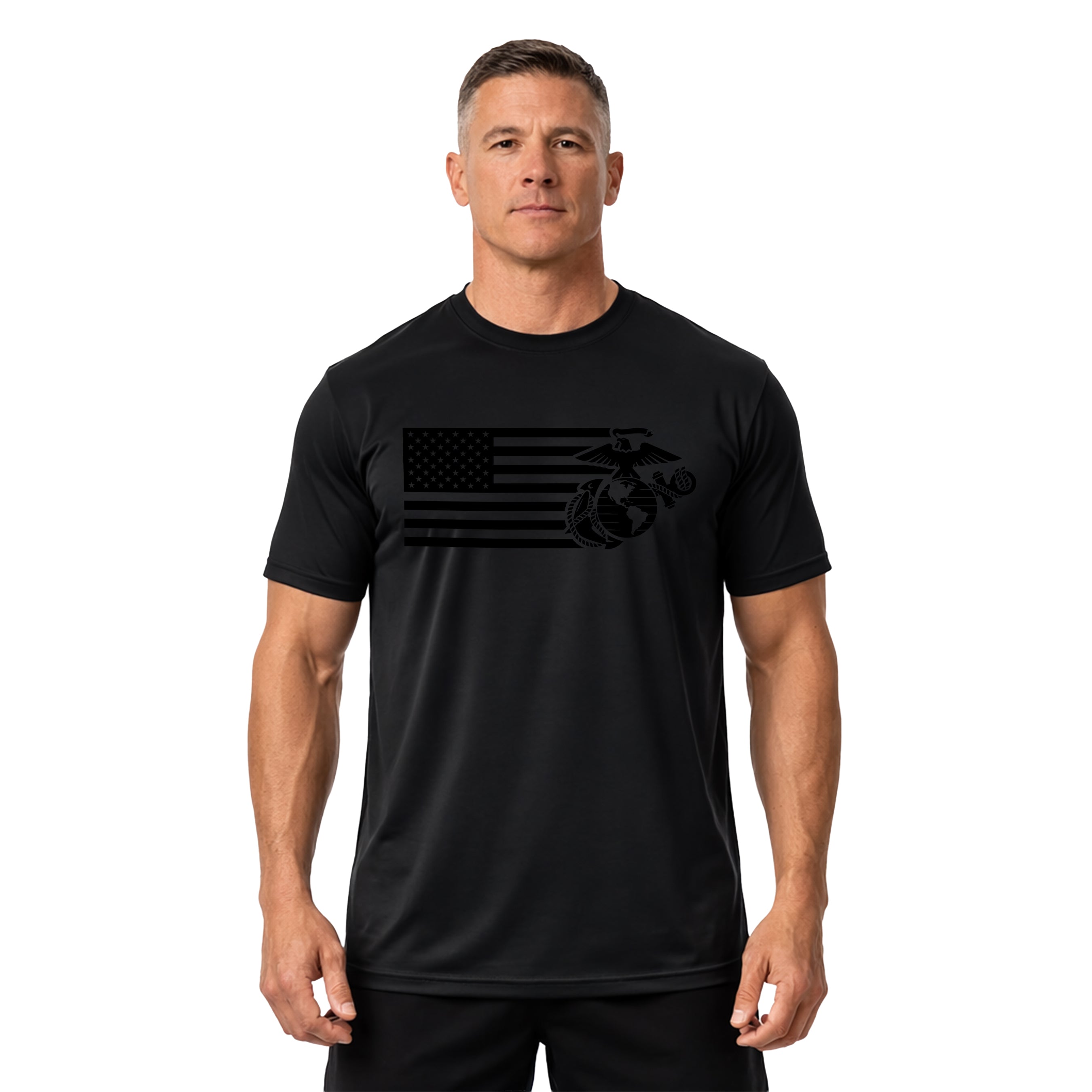 Black on black Marines American flag and EGA performance t-shirt with monochromatic Marine Corps EGA & Flag. Marines Patriotic tee. USMC workout tee