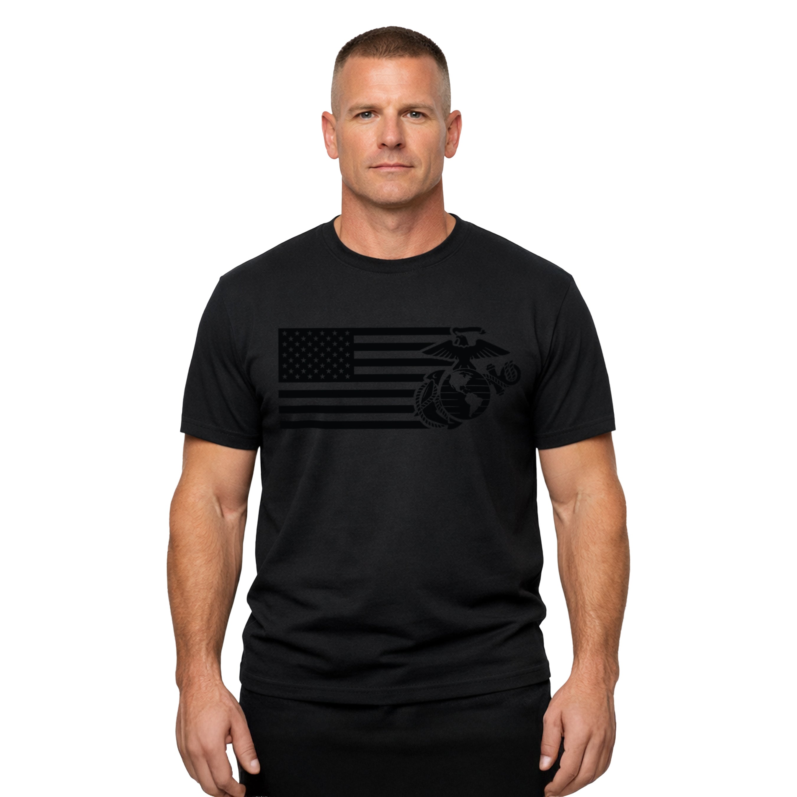 Black on black USMC Split Flag and EGA t-shirt with monochromatic Marine Corps EGA and American Flag Design. Marines Patriotic Tee.
