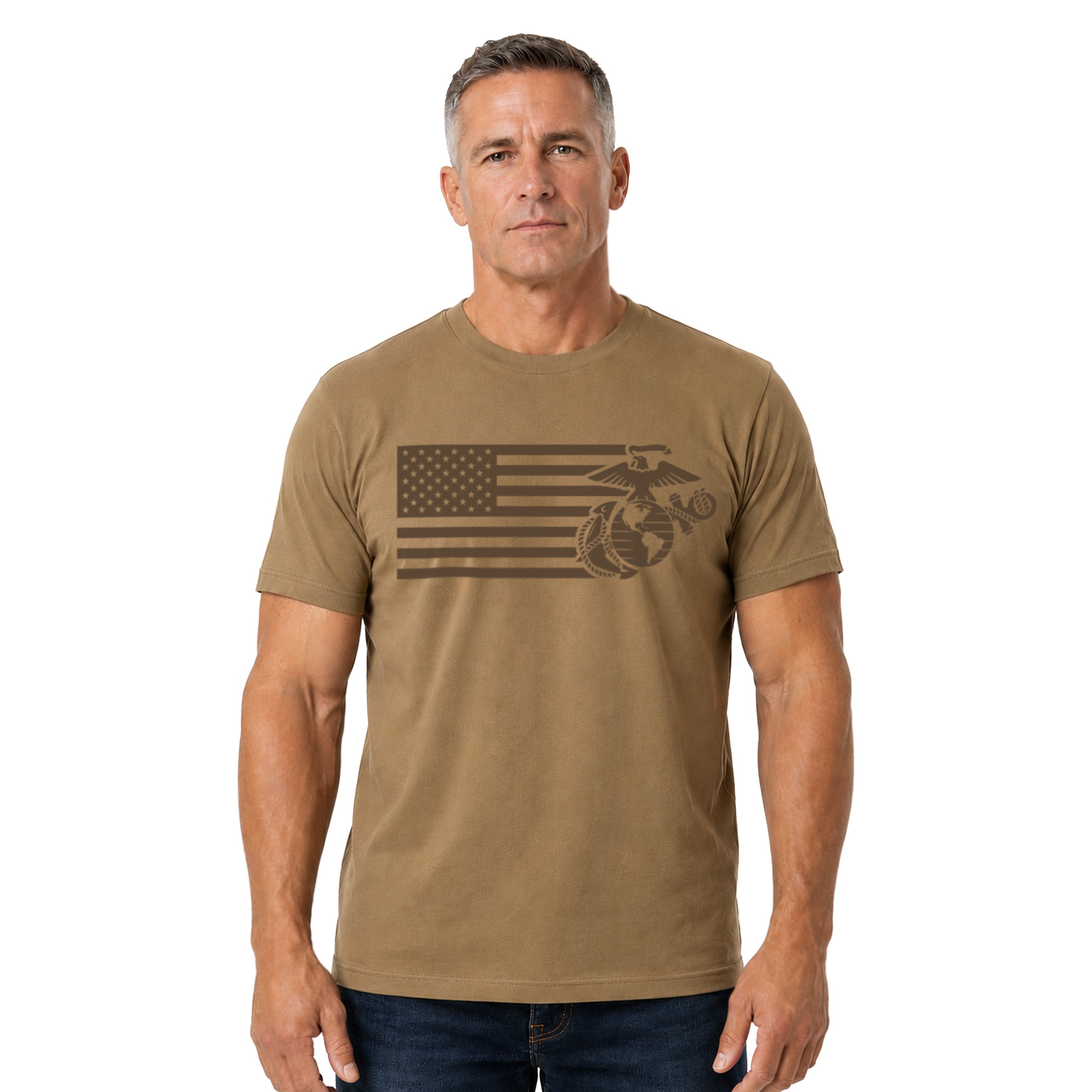 Coyote brown USMC Split Flag and EGA t-shirt with brown on brown American Flag and Marine Corps Eagle globe and anchor design. Marines Patriotic Tee. 