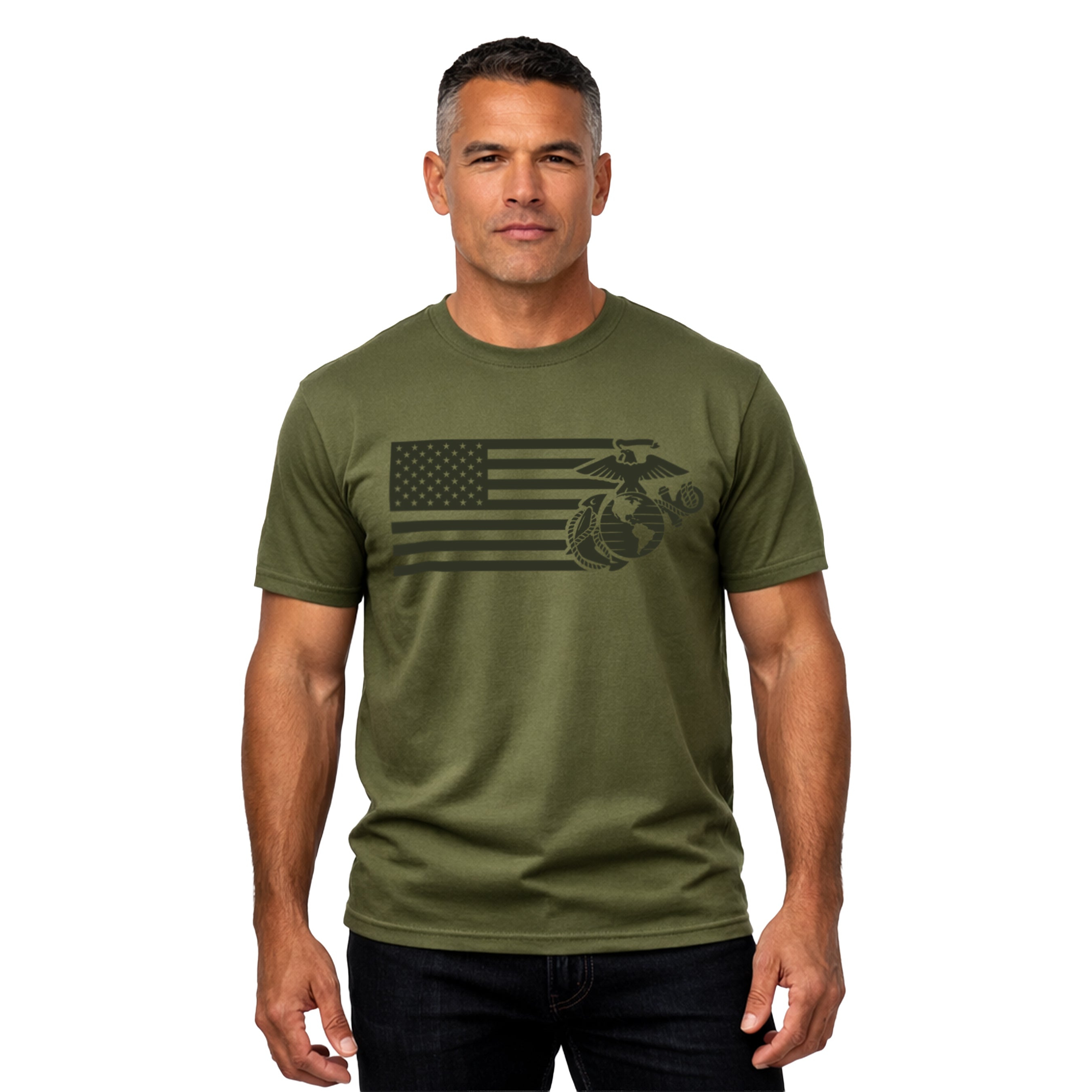 Military green USMC Split Flag and EGA t-shirt with monochromatic Marine Corps EGA and American Flag Design. Marines Patriotic Tee.