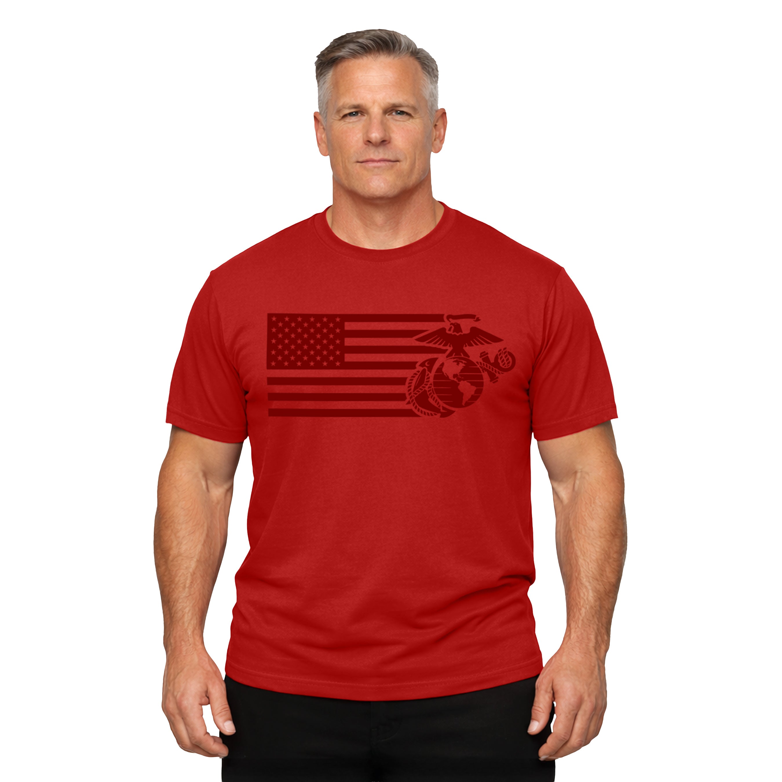 Red USMC Split Flag and EGA t-shirt with monochromatic Marine Corps EGA and American Flag Design. Marines Patriotic Tee.