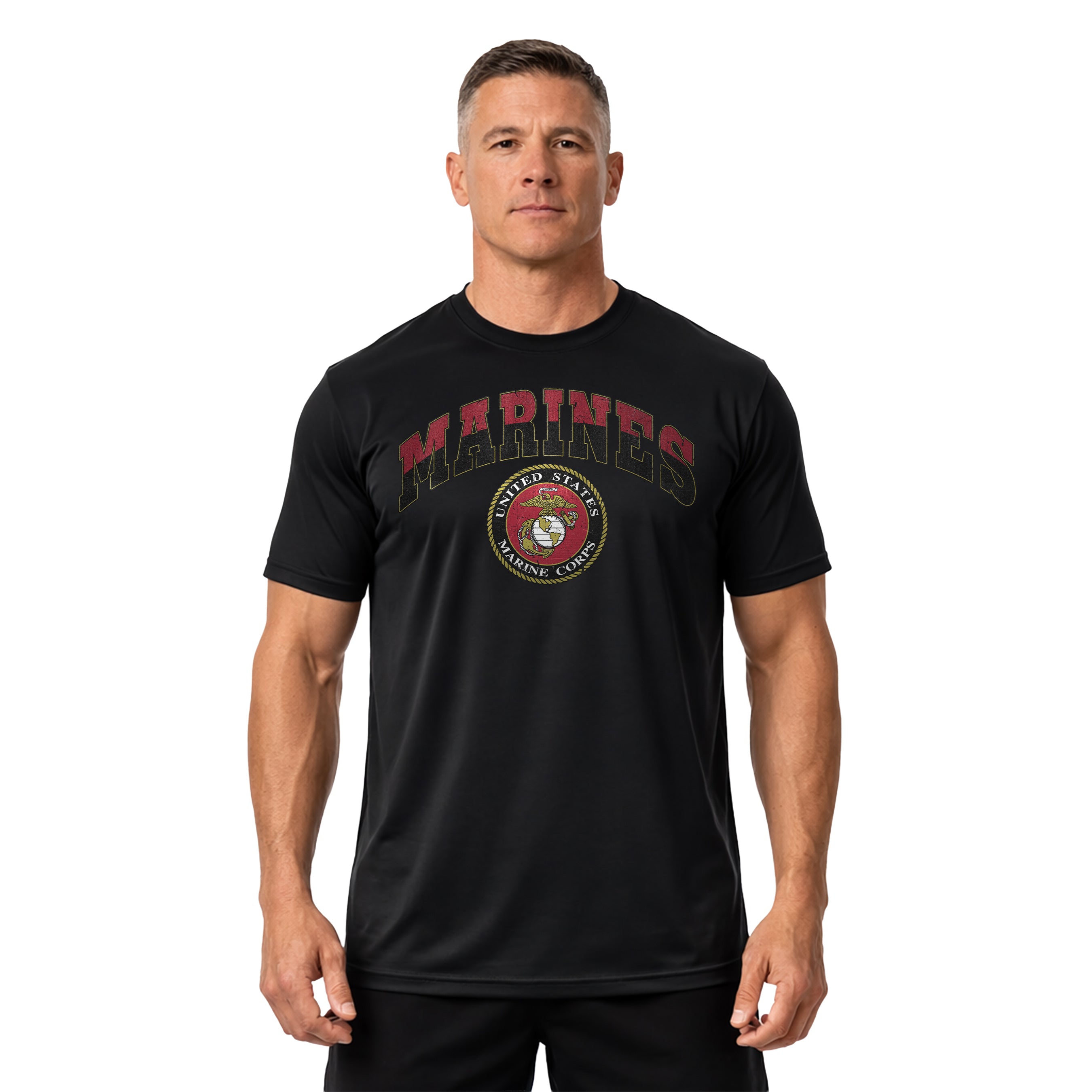 Vintage USMC Marines t-shirt with distressed red and black 'MARINES' text and full-color United States Marine Corps seal, patriotic military shirt for veterans and Marine supporters
