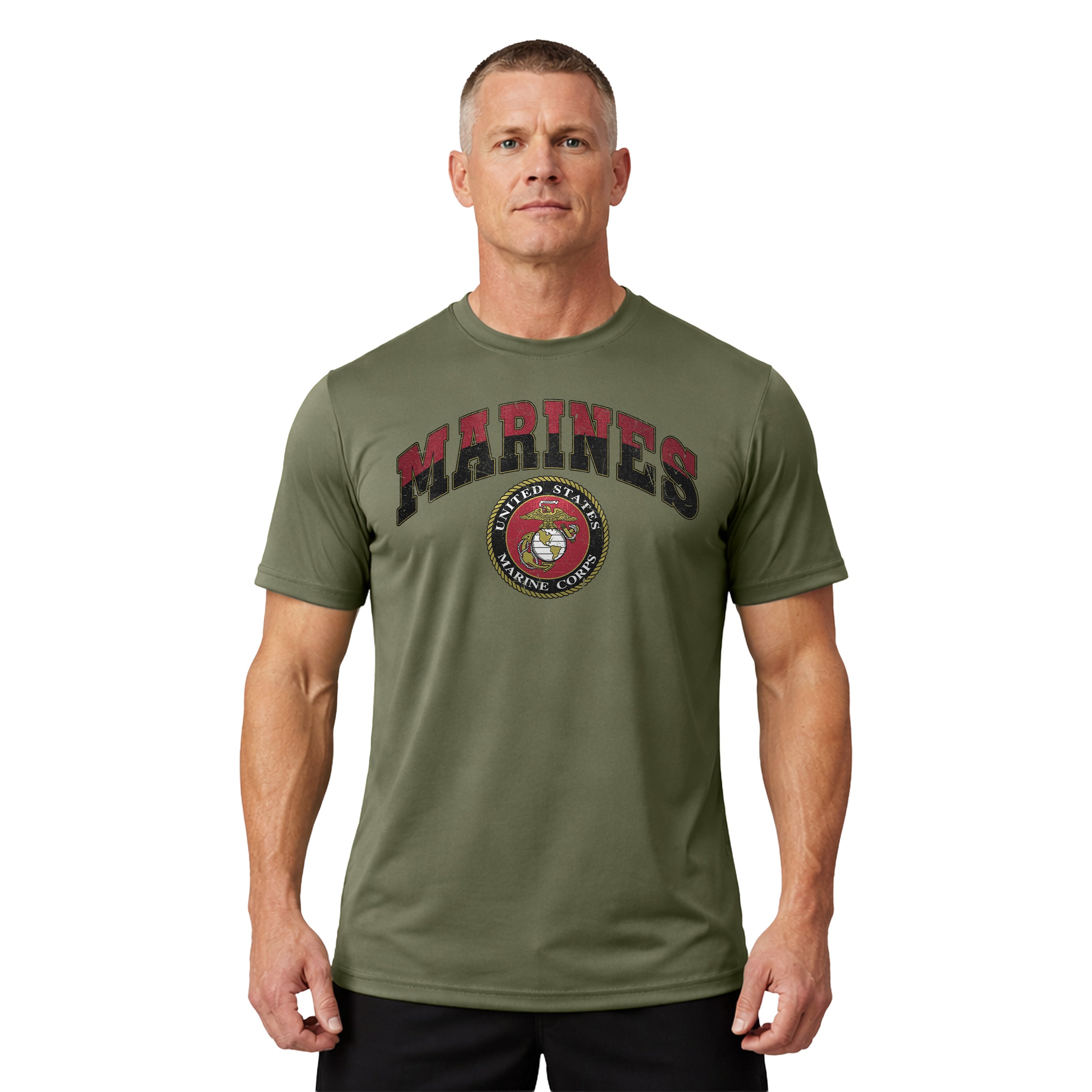 Vintage USMC Marines t-shirt with distressed red and black 'MARINES' text and full-color United States Marine Corps seal, patriotic military shirt for veterans and Marine supporters