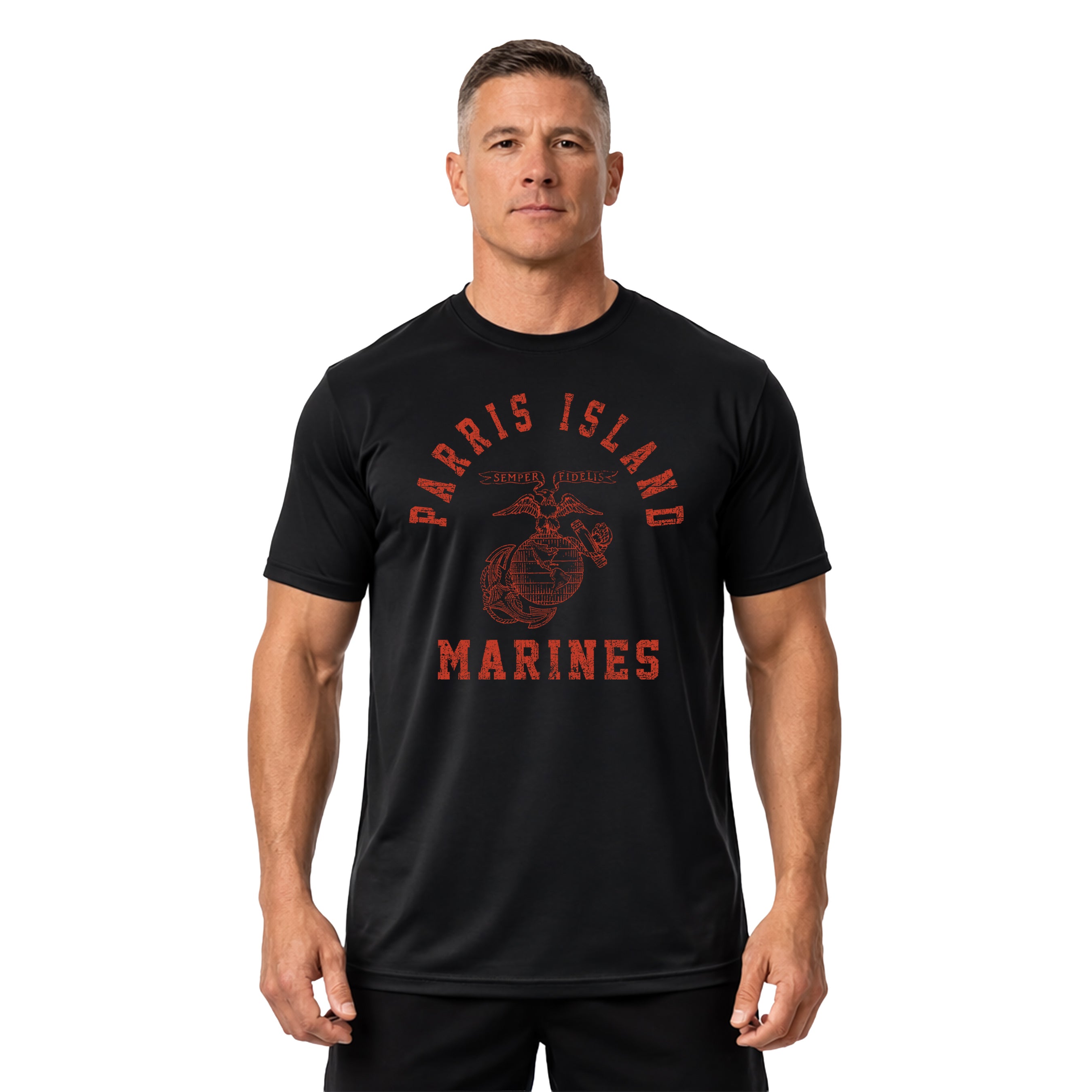 Black USMC performance t-shirt with distressed red print featuring 'Parris Island' arched above the EGA emblem, and 'Marines' text below. Vintage Marine Corps training shirts from MCRD Parris Island.