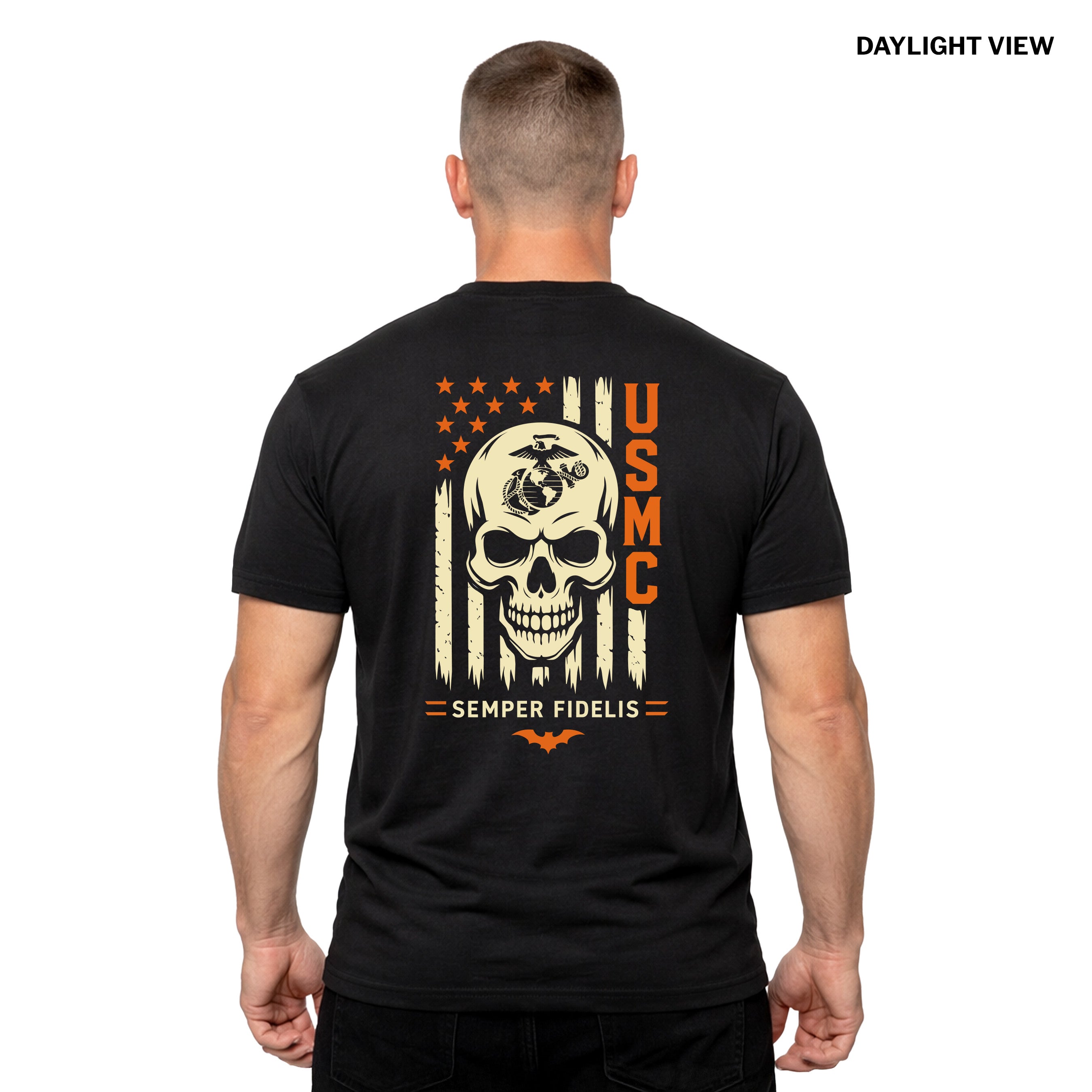 Black USMC Halloween T-shirt with glow-in-the-dark EGA and skull design, orange USMC lettering, and Semper Fidelis graphic - Daylight view
