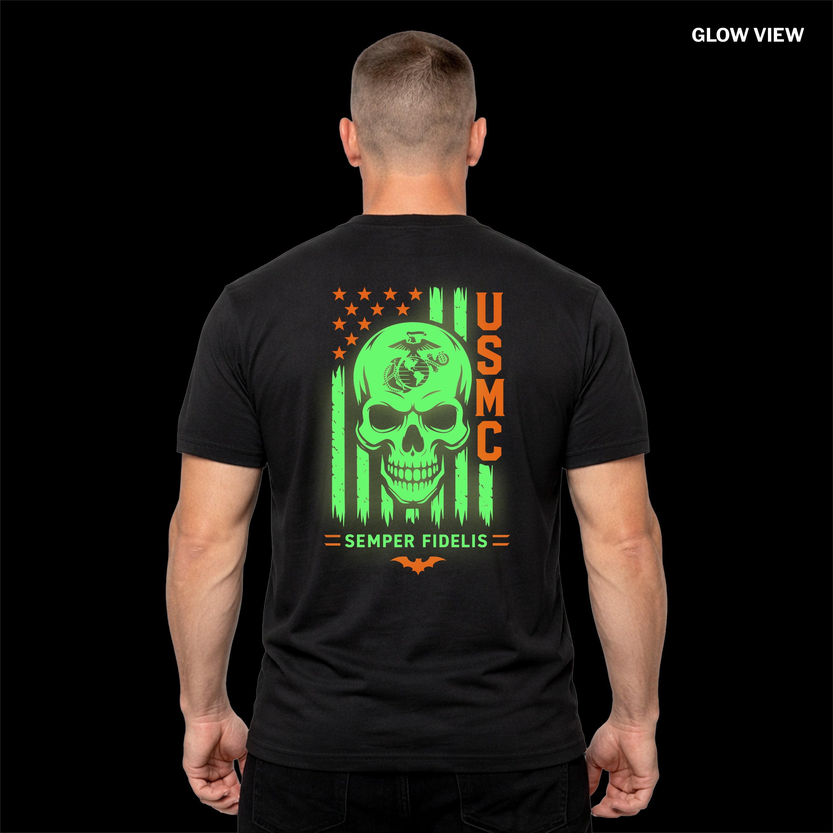 Black USMC Halloween T-shirt with glow-in-the-dark EGA and skull design, orange USMC lettering, and Semper Fidelis graphic - Night View