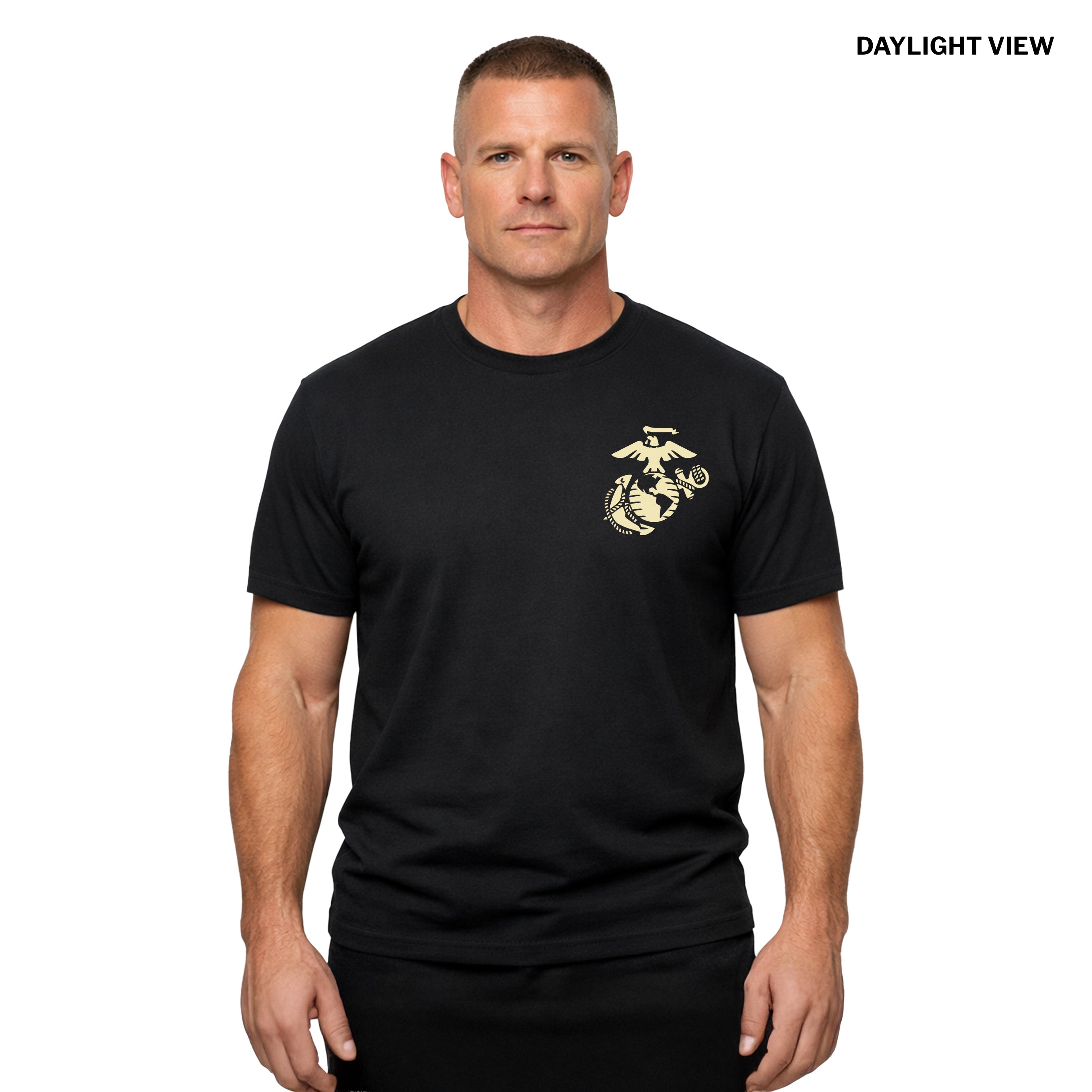Black USMC Halloween T-shirt with glow-in-the-dark EGA - Daylight View