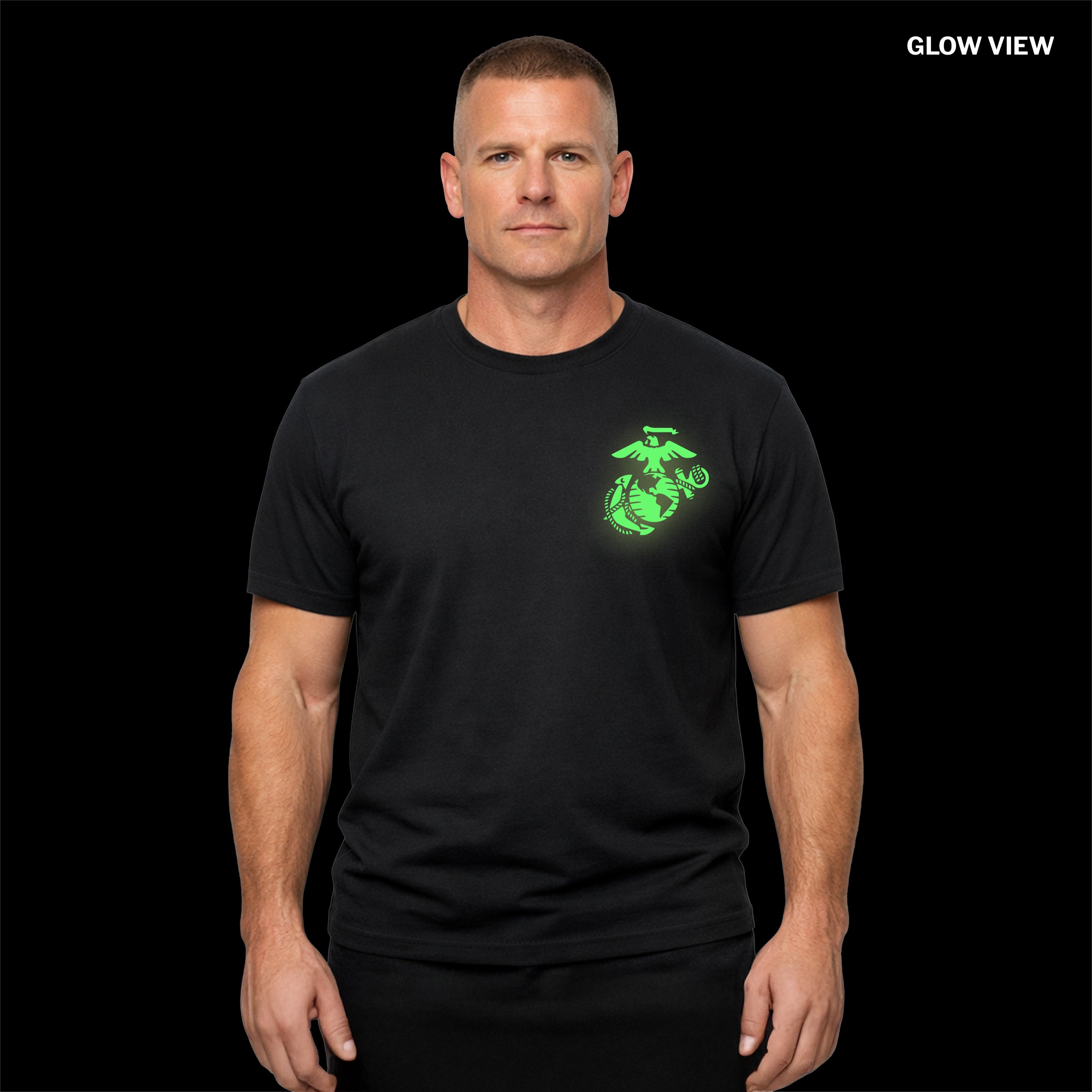 Black USMC Halloween T-shirt with glow-in-the-dark EGA - Night VIew 