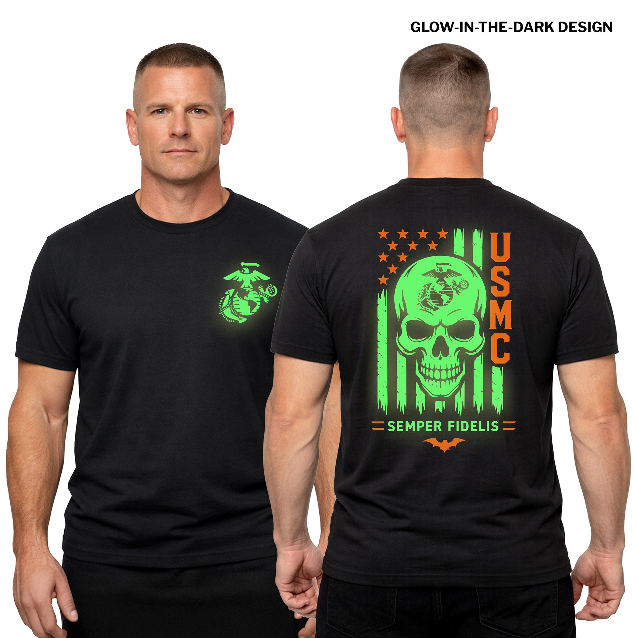 Black USMC Halloween T-shirt with glow-in-the-dark EGA and skull design, orange USMC lettering, and Semper Fidelis graphic