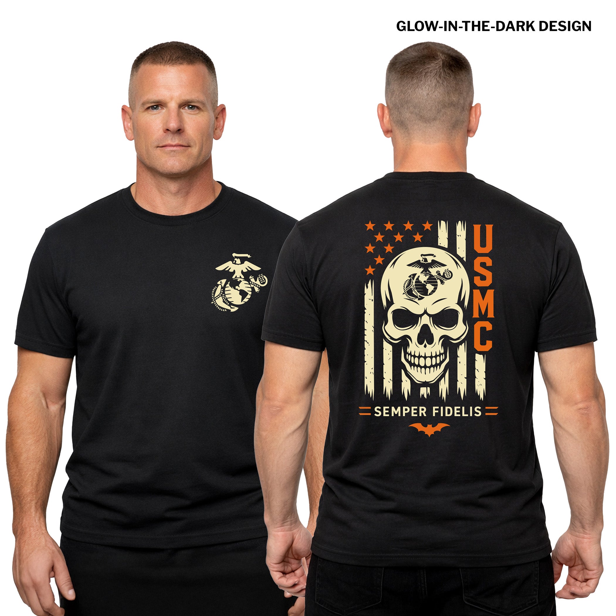 Black USMC Halloween T-shirt with glow-in-the-dark EGA and skull design, orange USMC lettering, and Semper Fidelis graphic