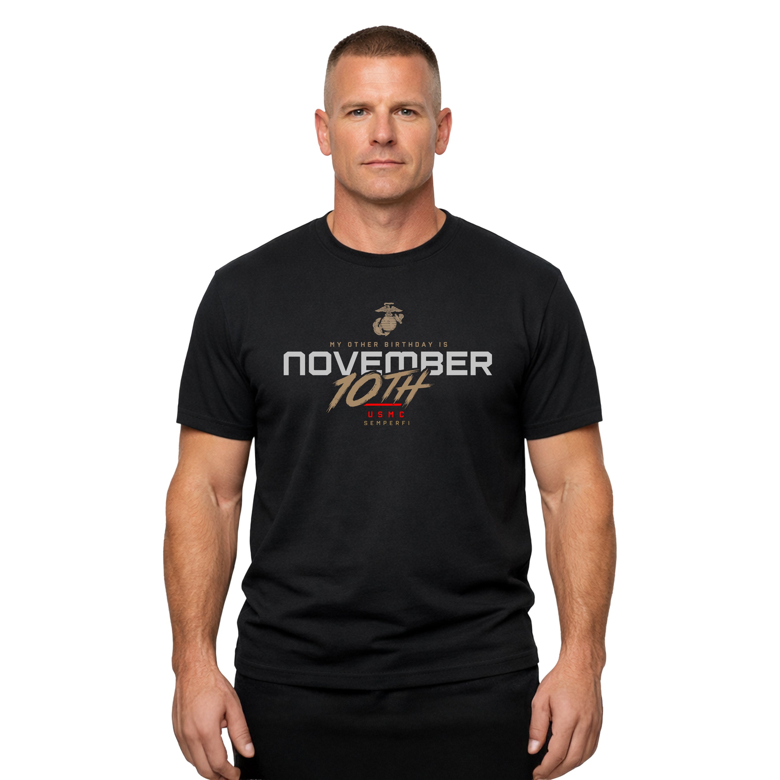 Model wearing Black USMC November 10th My Other Birthday T-shirt with Eagle Globe and Anchor, Semper Fi, and Marine Corps Birthday graphic