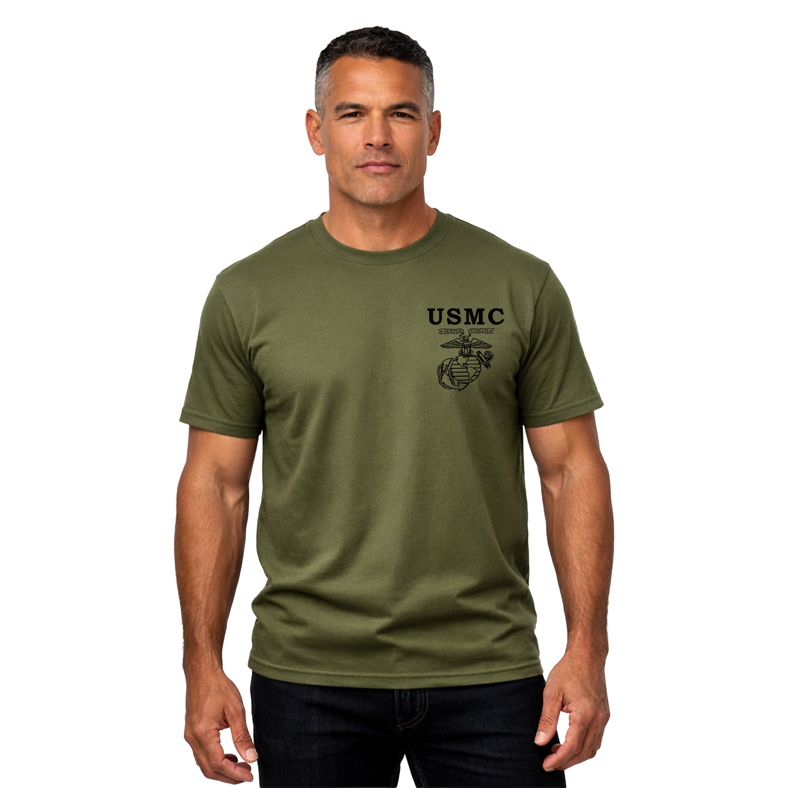 USMC Old School EGA T-shirt with Semper Fidelis Eagle Globe and Anchor chest graphic military green tee. Marines Vintage Tee