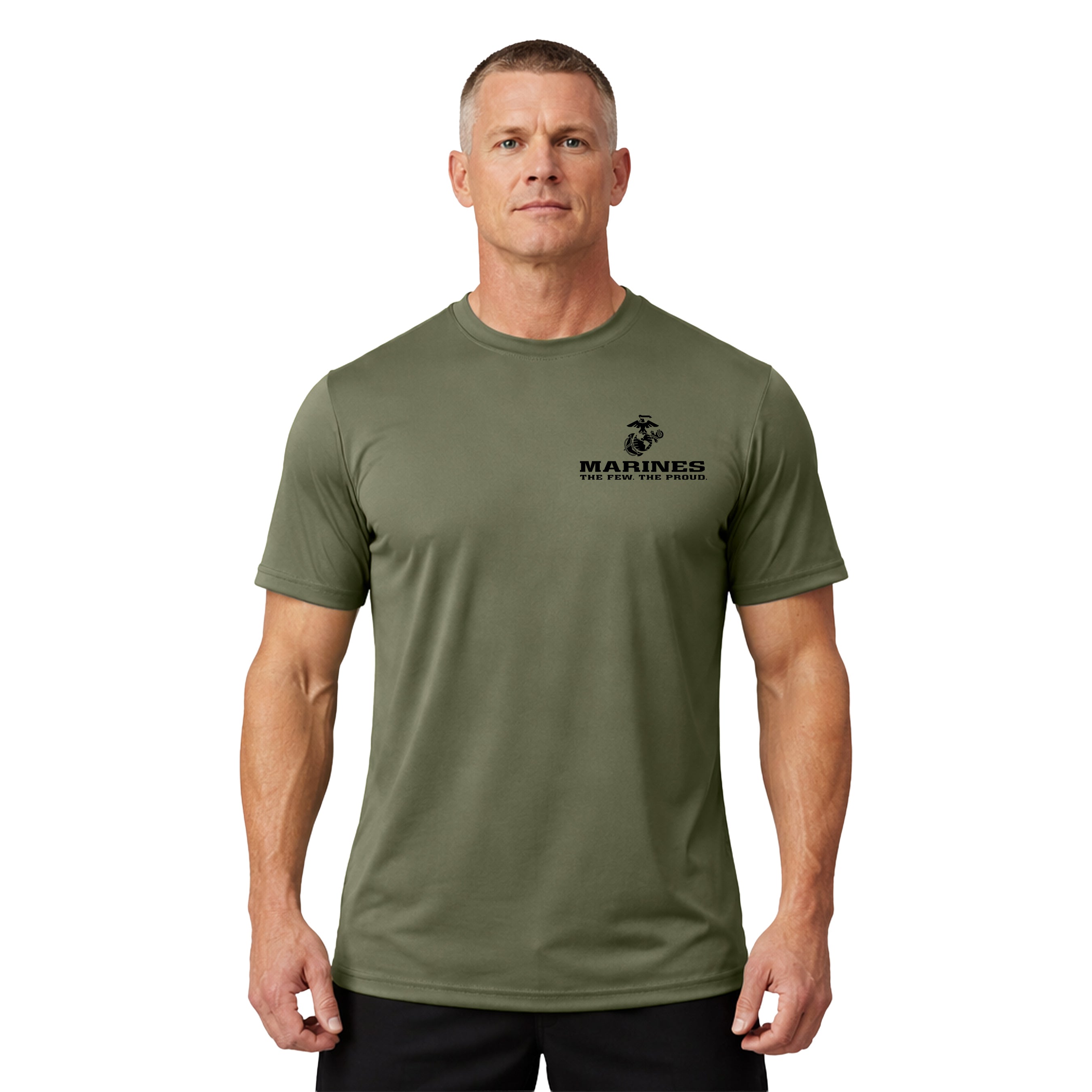 USMC The Few The Proud chest seal performance T-shirt. Marines green Performance Tee. USMC Activewear