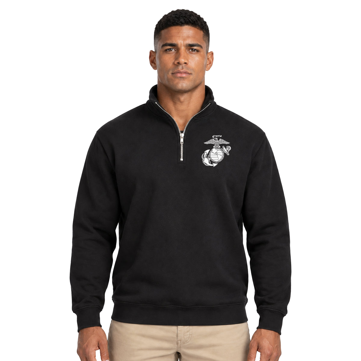Model wearing Black Vintage Marines Eagle Globe and Anchor midweight quarter-zip pullover