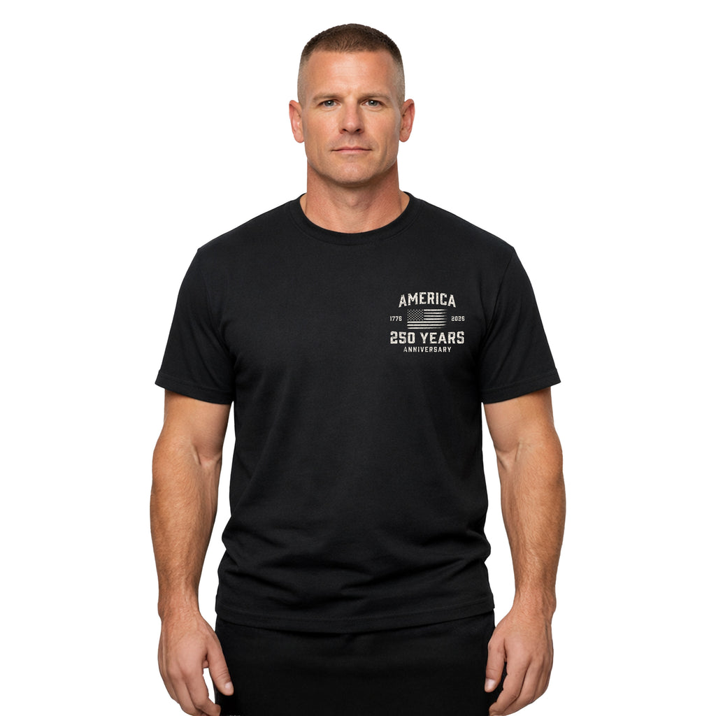 America 250 Years 1776 2026 T-shirt with American flag chest seal design. Patriotic black T-shirt celebrating 250 years of American independence