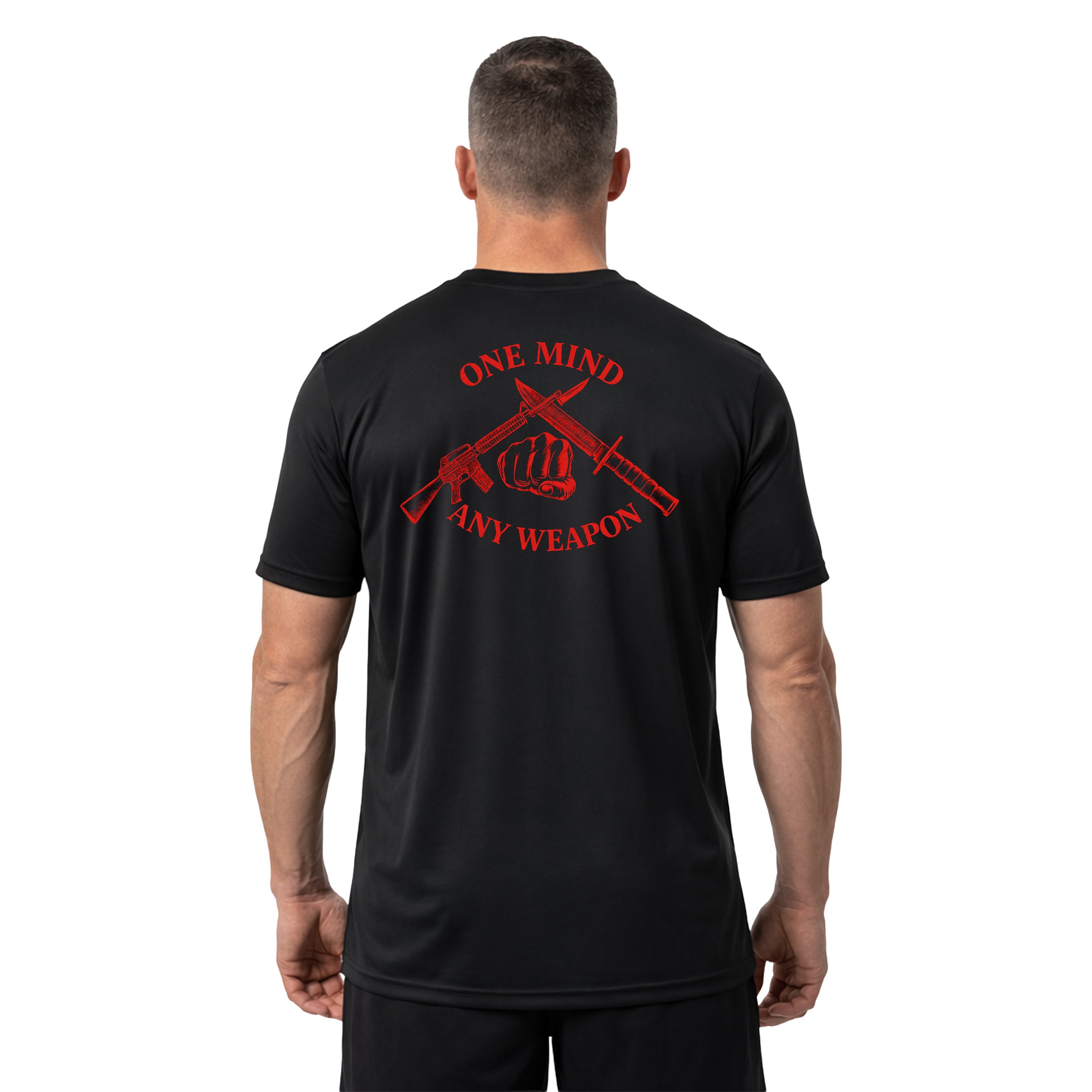 Black Marines Fight Club Performance Tee with back graphic reading ‘One Mind Any Weapon’ with crossed riffle and knife and clenched fist.