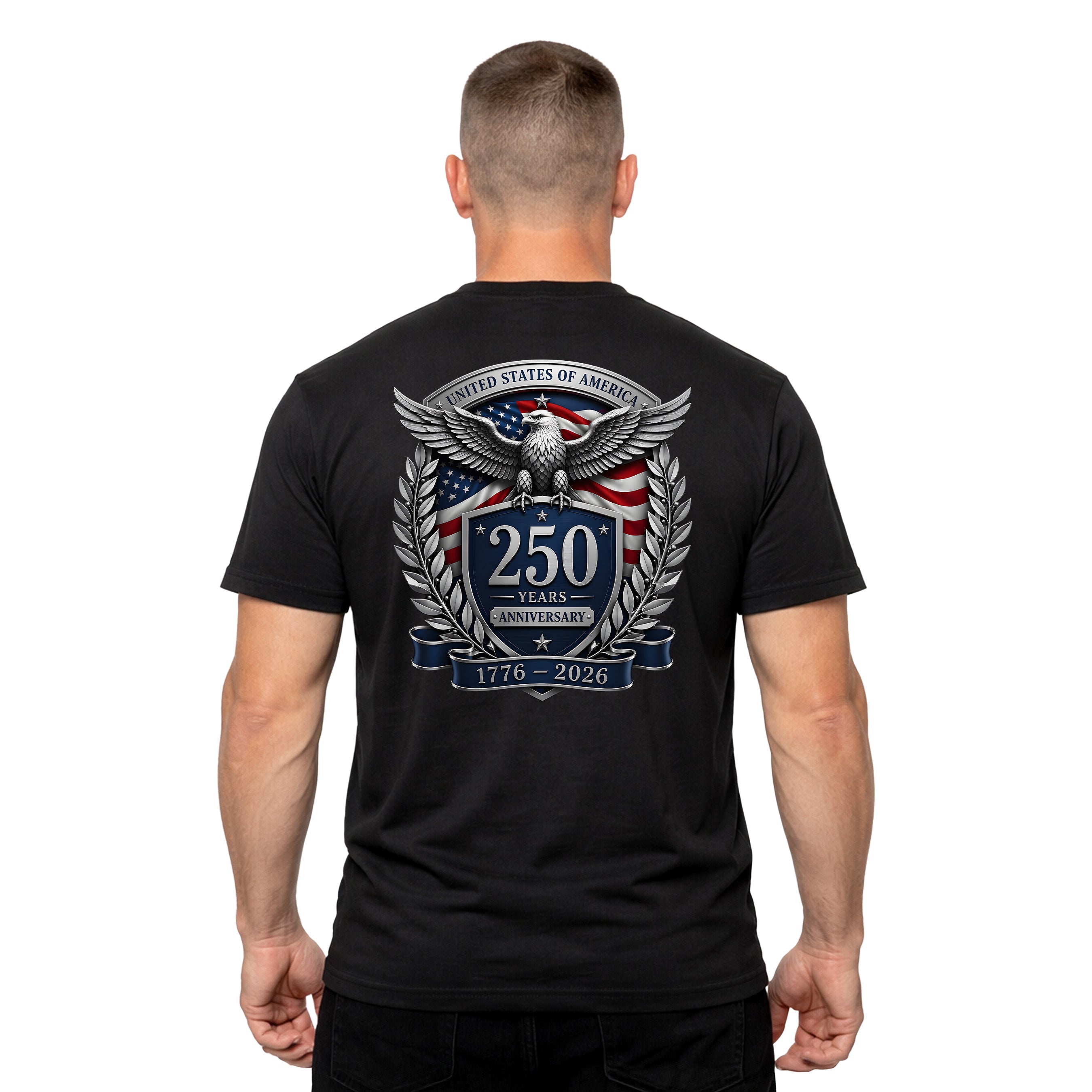 USA 250 years anniversary T-shirt with freedom eagle design and American flag back print. America's 250th birthday tee. USA 250 Years patriotic Black T-shirt.