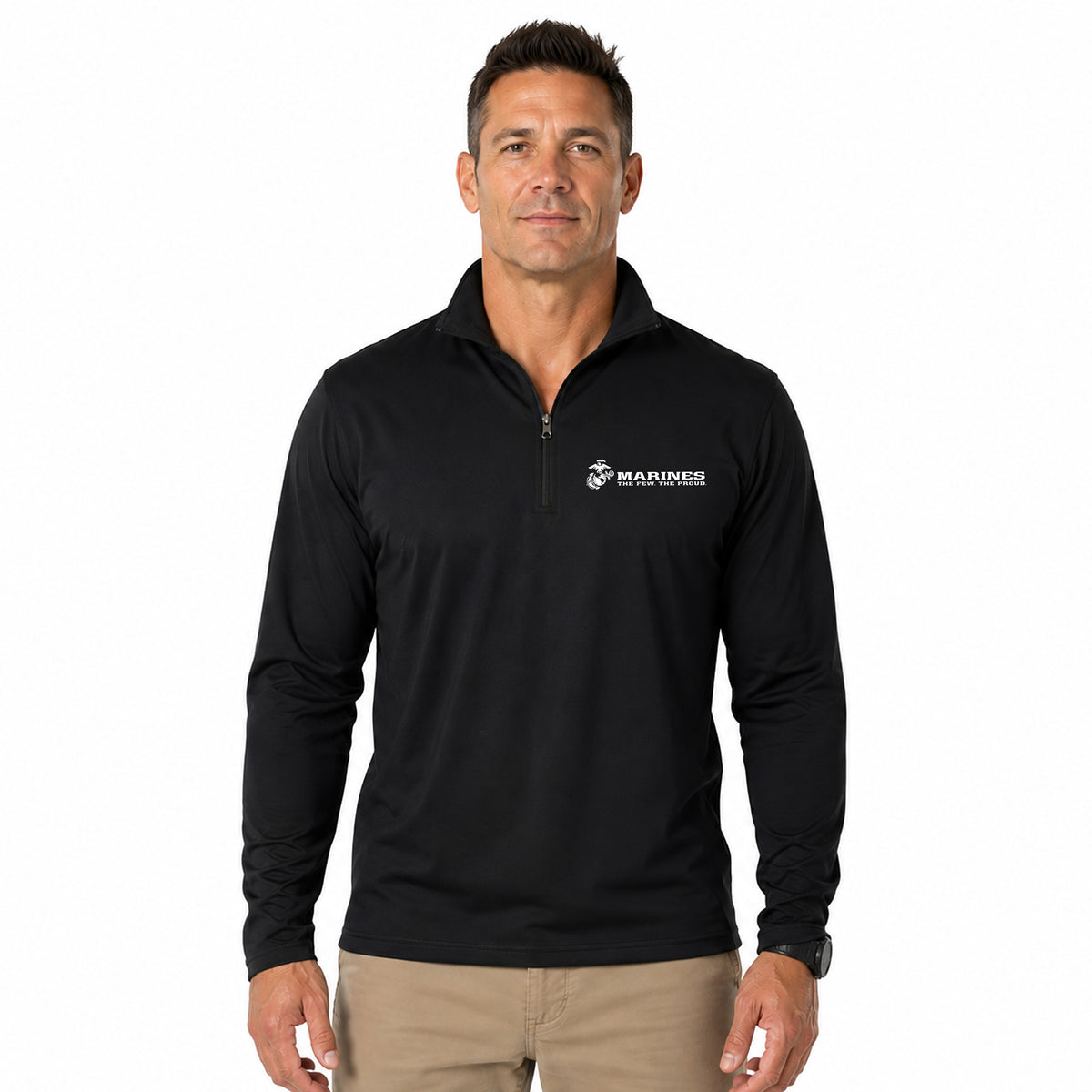 Model wearing Black Marines The Few The Proud performance quarter-zip pullover with white Eagle Globe and Anchor chest graphic
