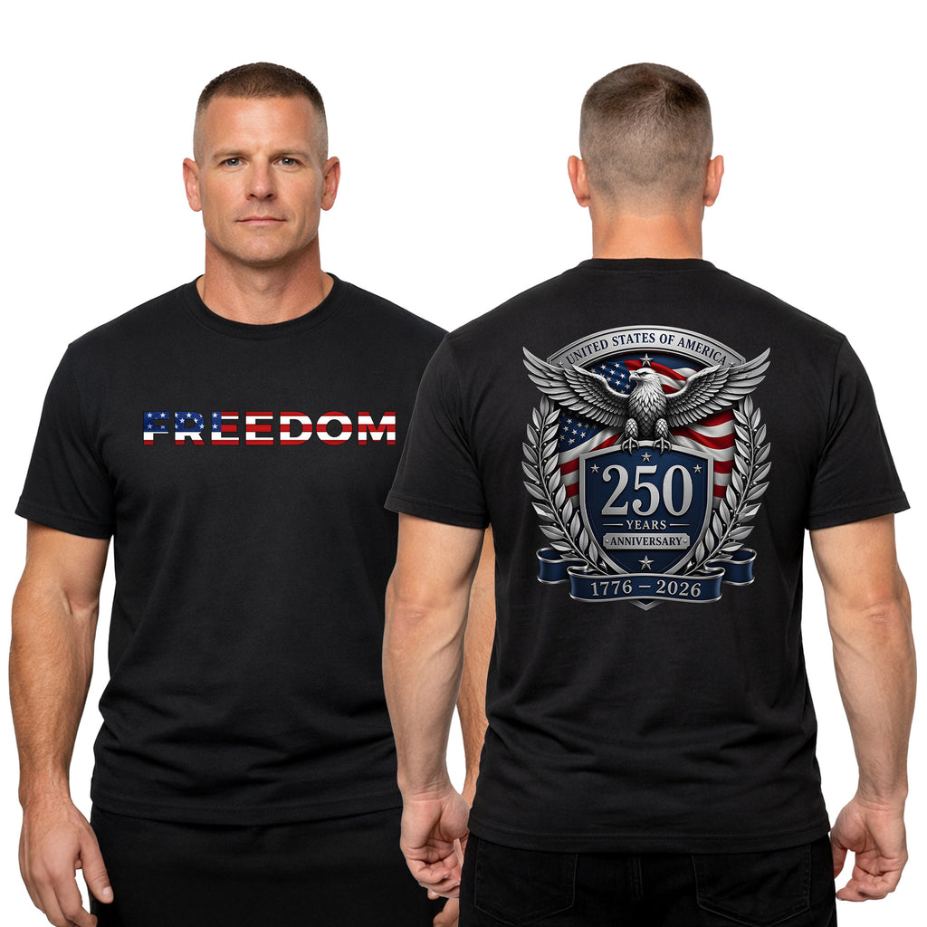 USA 250 years anniversary T-shirt with freedom eagle design and American flag back print. America's 250th birthday tee. USA 250 Years patriotic Black T-shirt.
