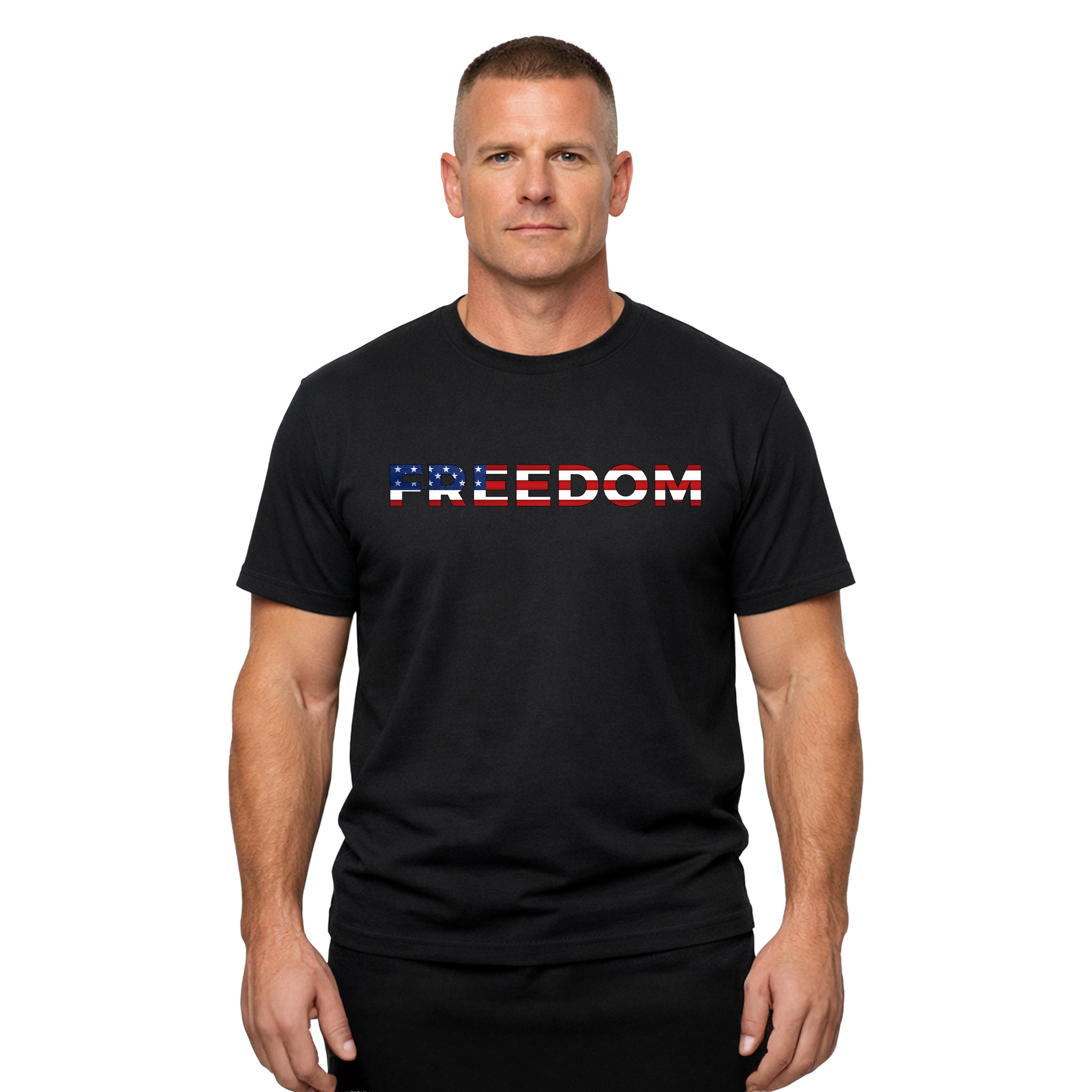 USA 250 years anniversary T-shirt with freedom eagle design and American flag back print. America's 250th birthday tee. USA 250 Years patriotic Black T-shirt.
