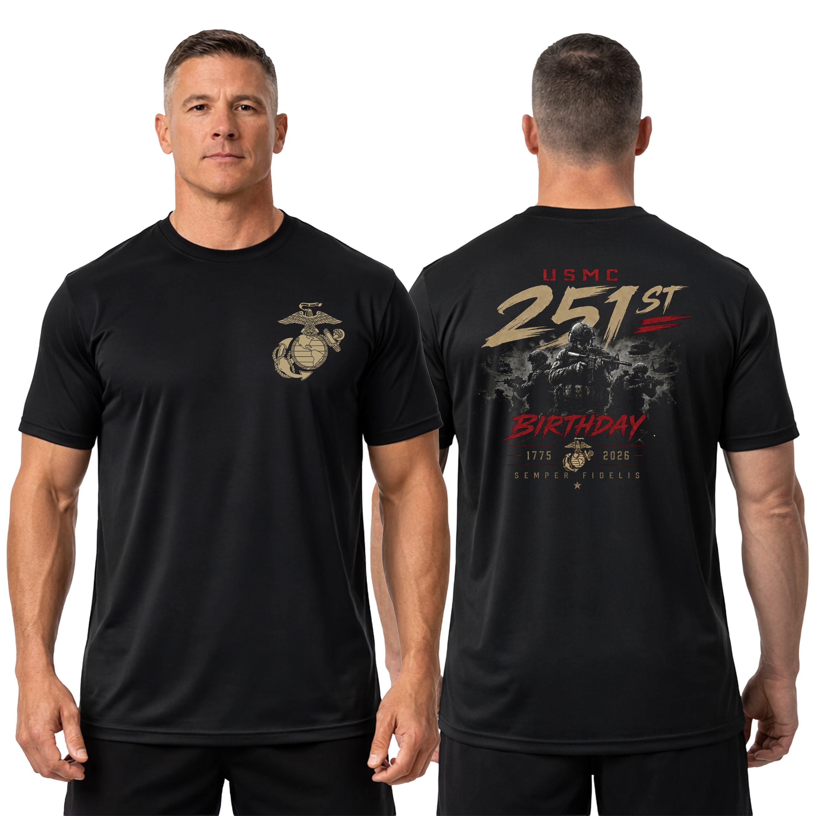 Black USMC 251st Birthday Battle Ready performance T-shirt with Marines combat graphic, Vintage Eagle Globe and Anchor chest seal, and Semper Fidelis design